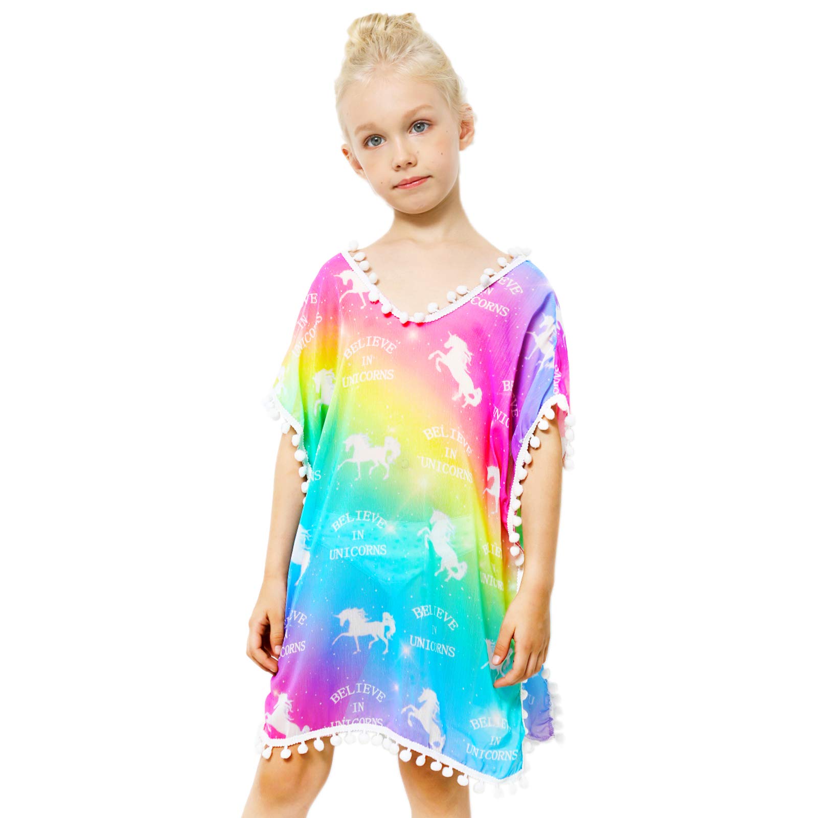 Unicorn Mermaid Swim Cover Up for Girls - Chiffon Beach Swimsuit Coverup with Pompom Tassel | Perfect for Pool, Beach & Summer Vacations
