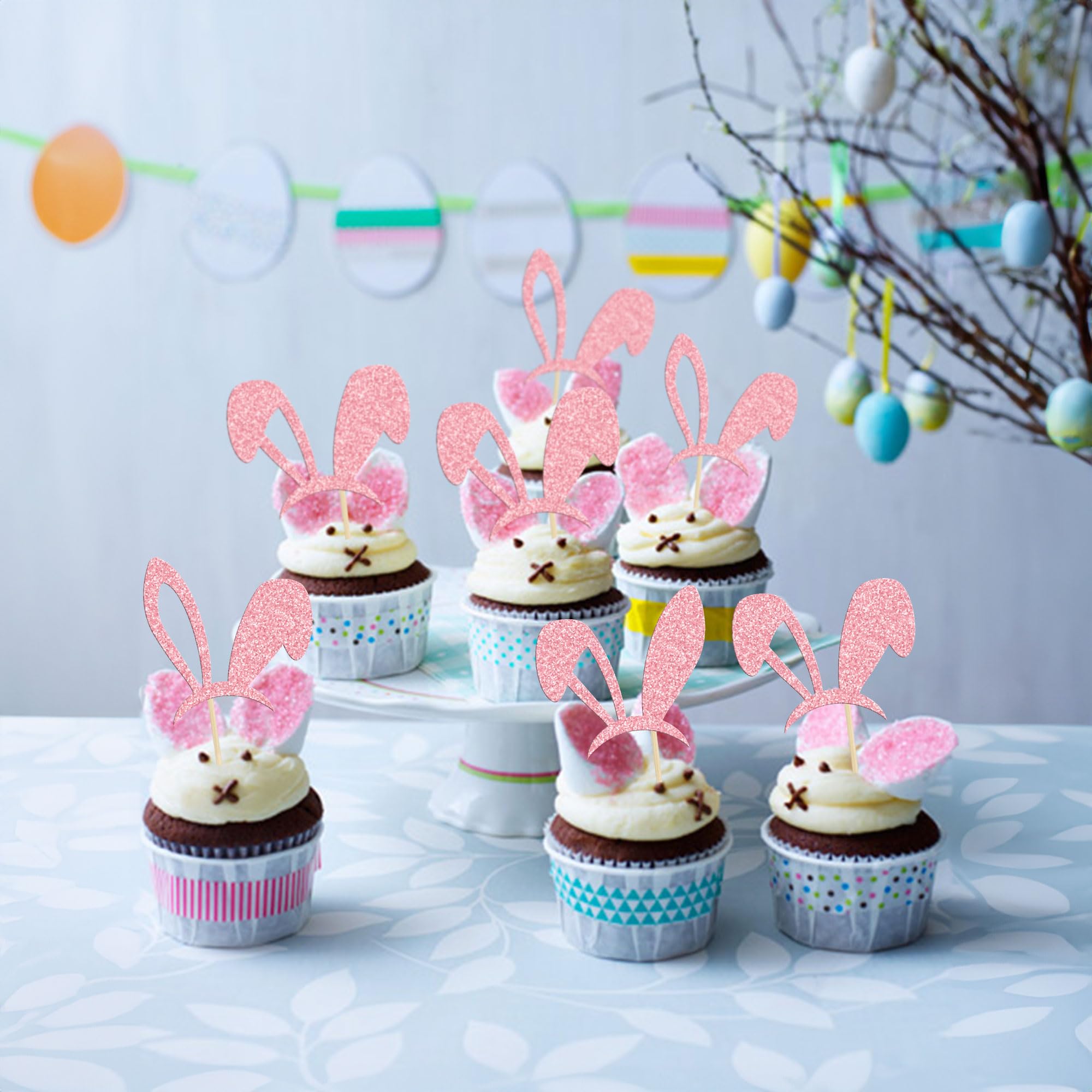 24 Pack Easter Bunny Ear Cupcake Toppers - Pink Glitter Rabbit Cake Decorations for Easter, Spring Birthday & Baby Shower Party Supplies | DIY Dessert Decor, Holiday Baking, Themed Celebrations