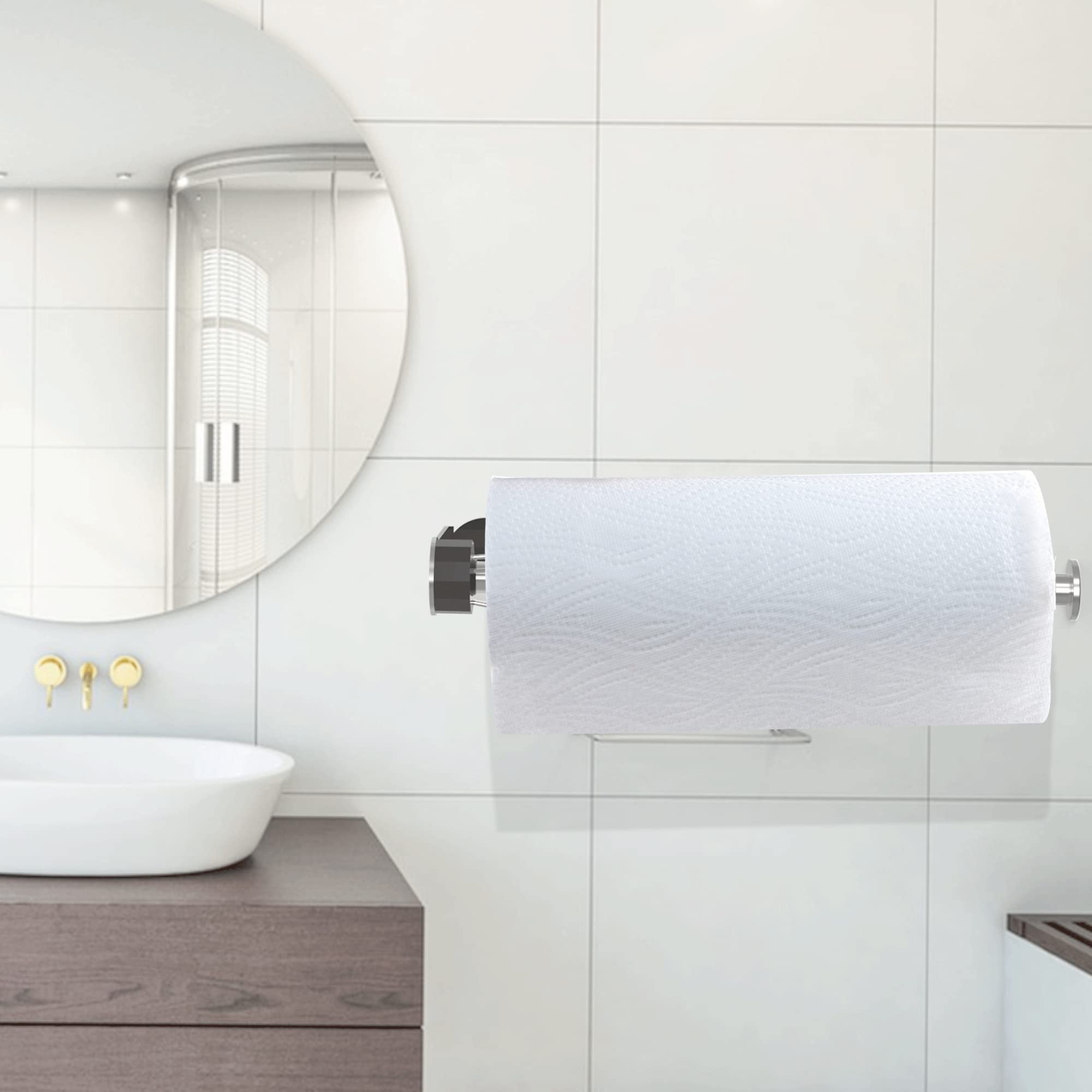 Under Cabinet Paper Towel Holder - Self Adhesive Stainless Steel Kitchen Towel Rack with Damping, Brushed Nickel Finish, Corrosion & Rust Resistant - Perfect for Kitchen Countertop, Bathroom, Office & RV Use