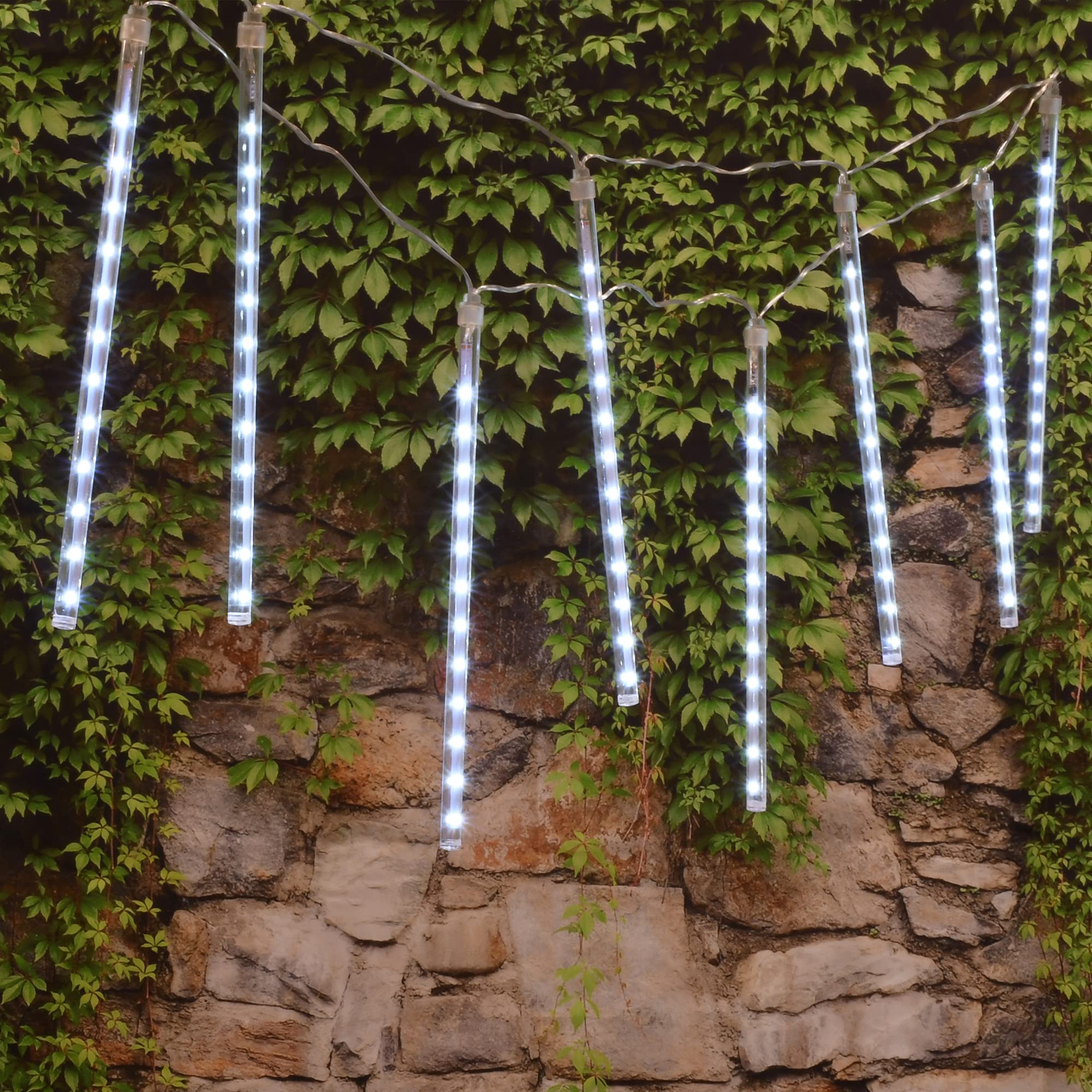 LumaBase Solar Powered LED Meteor Lights - 8 White Light Tubes for Outdoor Garden, Patio, Yard & Landscape Decoration | Weatherproof & Energy Efficient
