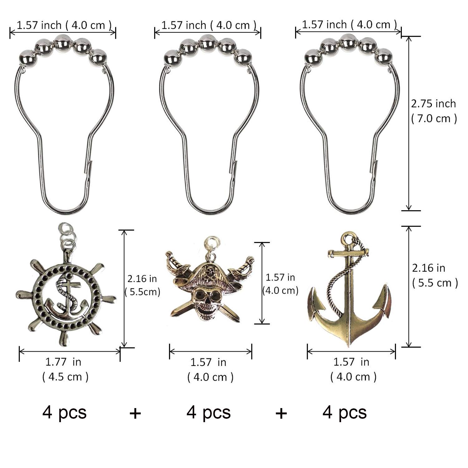 Pirate Skull Anchor Shower Curtain Hooks Set - Silver Metal Decorative Bathroom Accessories with Nautical Theme for Coastal, Beach & Ocean Inspired Bathroom Decor | Perfect for Tropical, Marine & Pirate Style Bathrooms