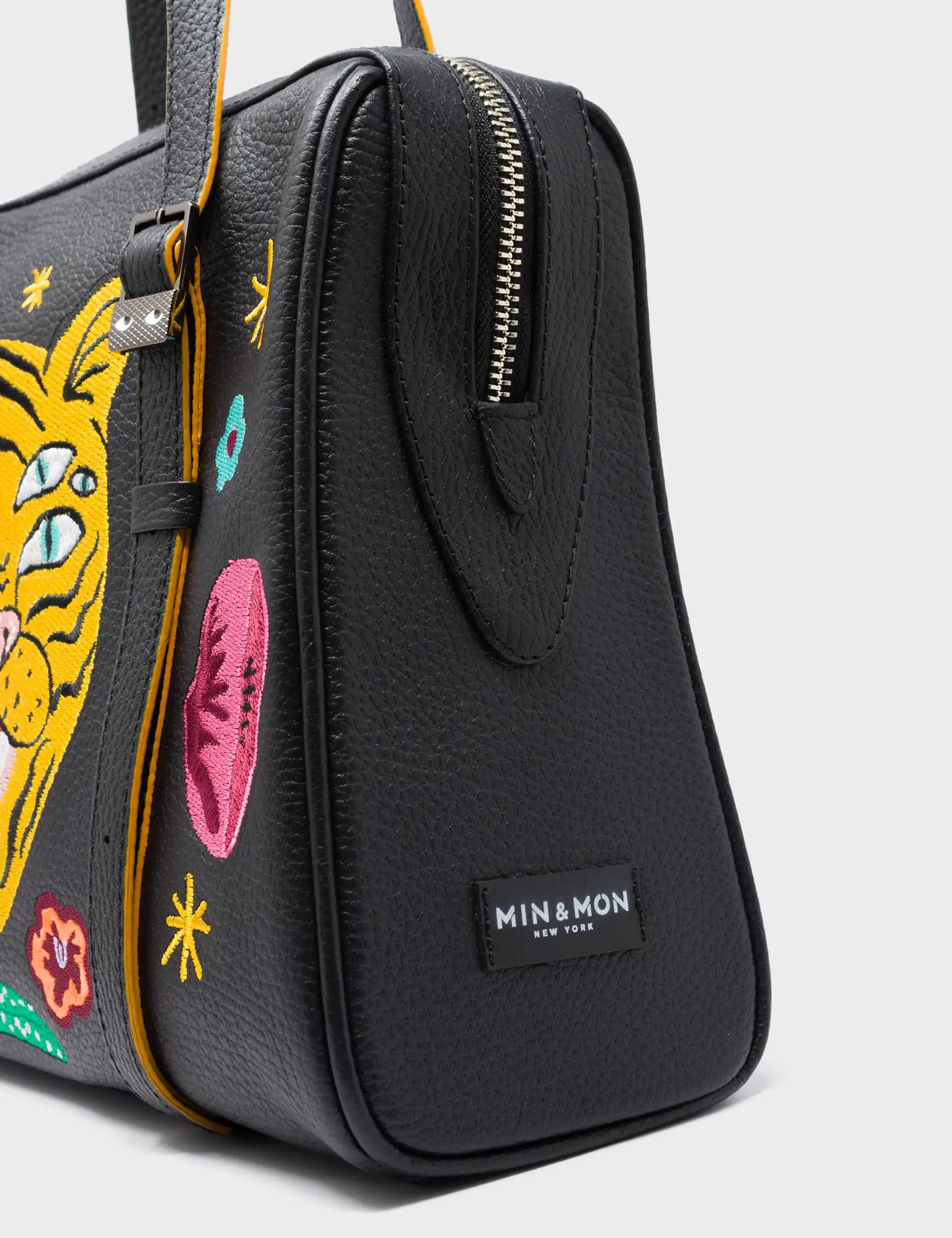 Elegant Esther Black Satchel Bag with Tiger and Flowers Embroidery - Perfect for Women's Fashion, Work, Travel & Everyday Use