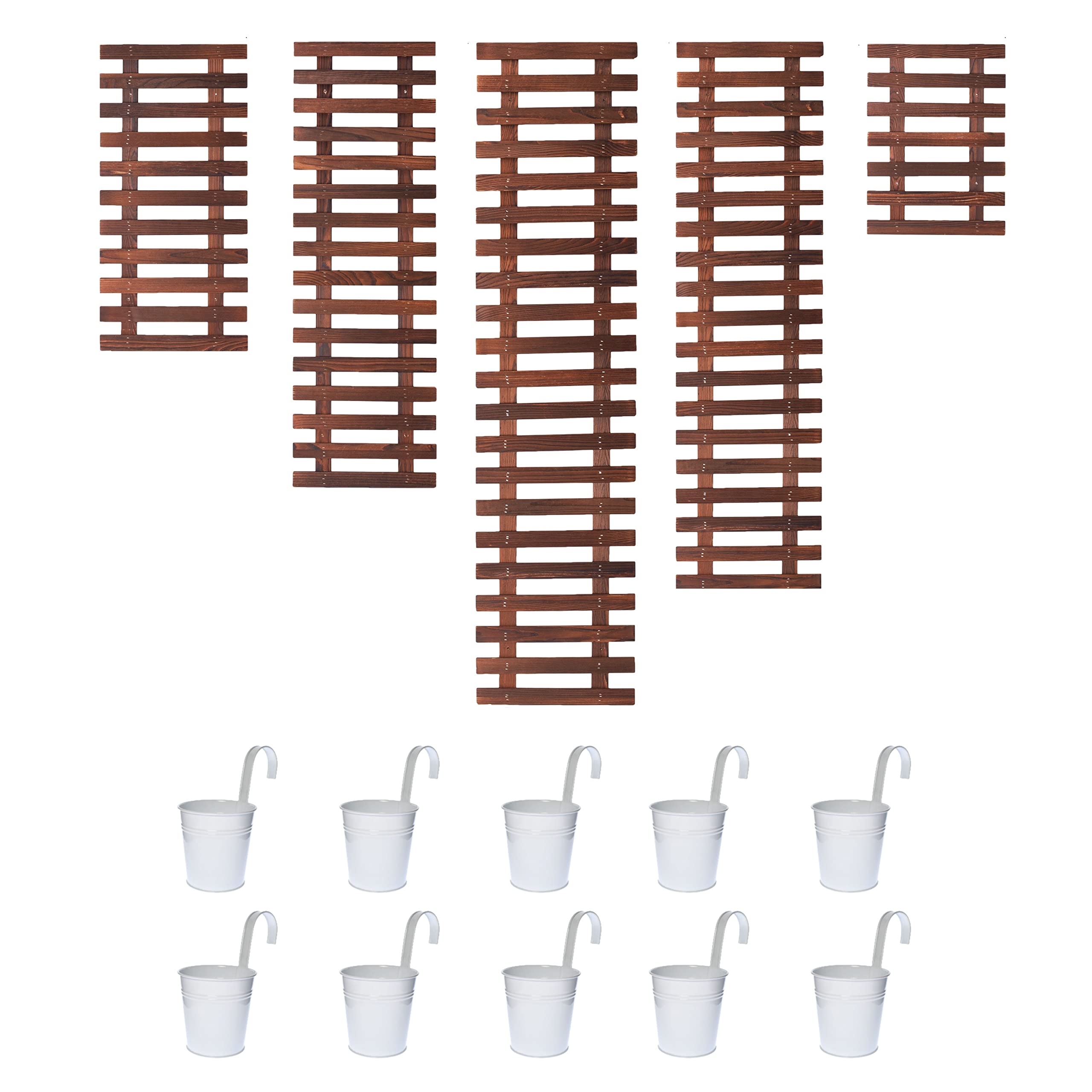 LaLaGreen 10-Pack 4 Inch White Hanging Flower Pots with 5-Piece Wooden Plant Holder Set - Vertical Herb Garden Kit for Indoor/Outdoor Decor, Wall Mounted Large Wooden Planter for Balcony, Patio & Home Gardening