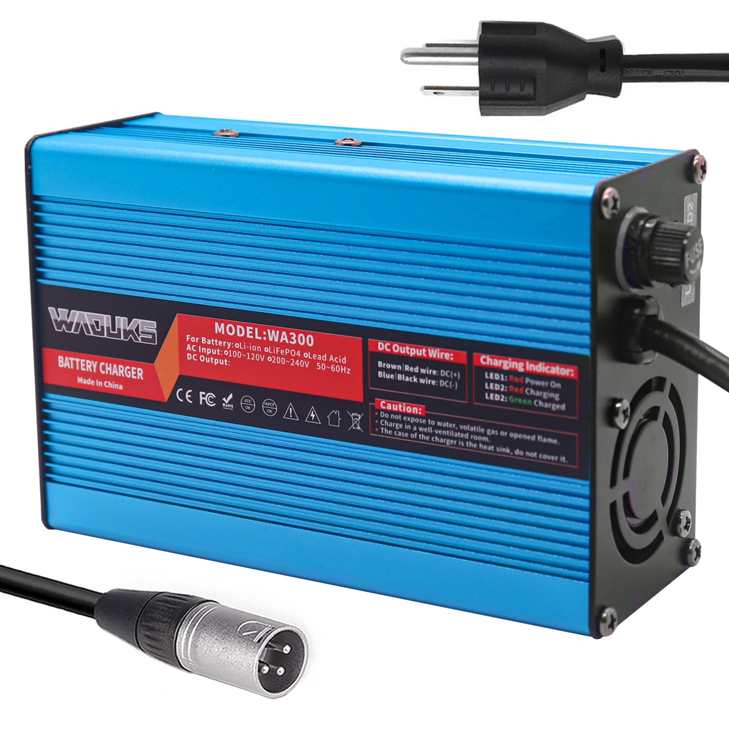 24V 8A Smart Charger for Lead Acid AGM Gel VRLA OPZV Batteries - XLR 3-Pin Connector with Cooling Fan & Blue Aluminum Case - Perfect for Golf Carts, Scooters, Wheelchairs and Marine/RV Batteries