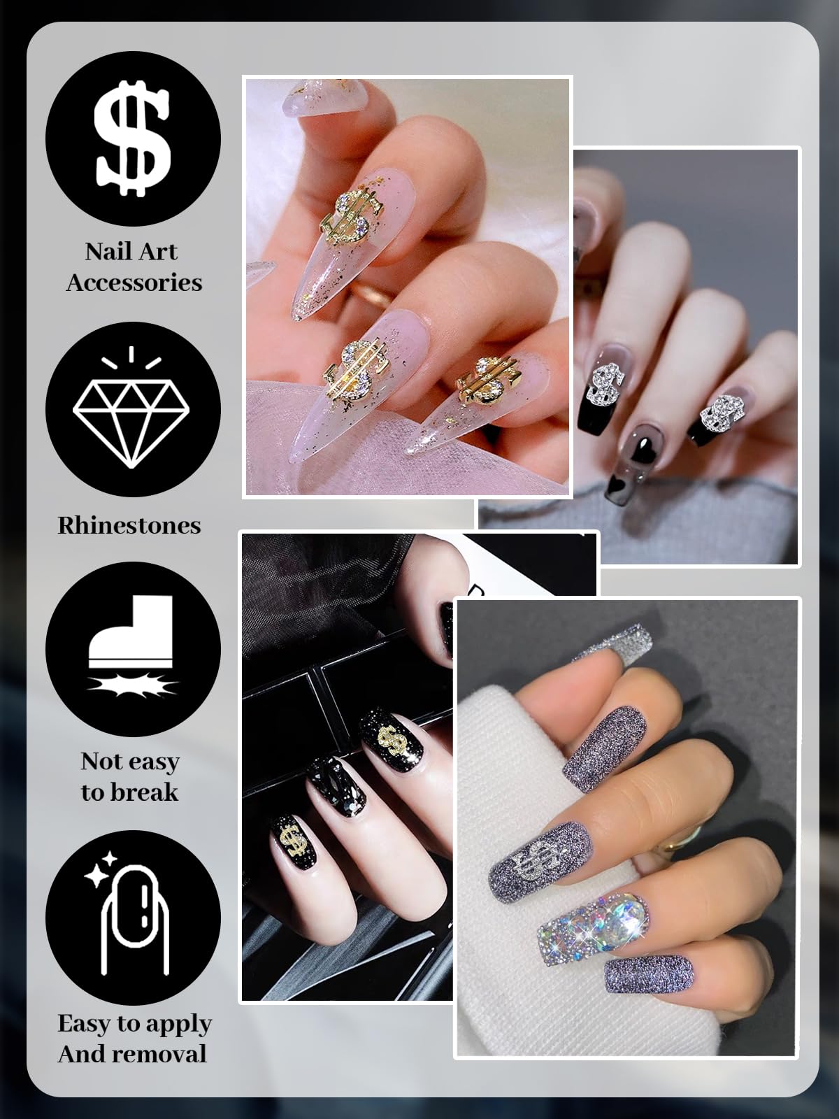 20Pcs 3D Silver & Gold Dollar Nail Charms - Shiny Money Sign Rhinestone Nail Art Decorations for Women & Girls | DIY Nail Jewelry & Craft Accessories | Perfect for Parties, Holidays & Special Occasions