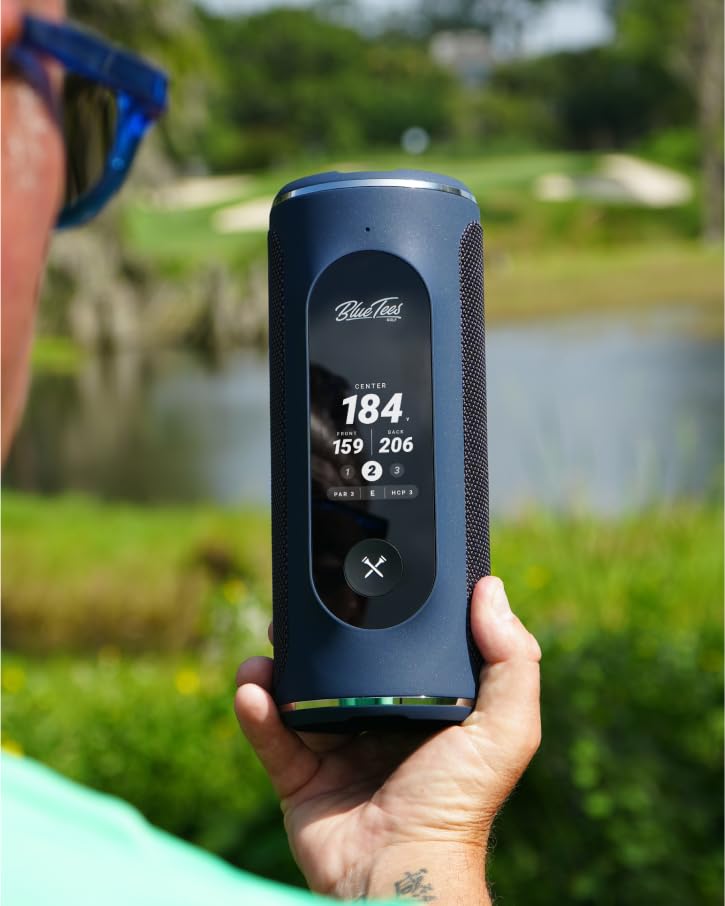 Blue Tees Golf Player+ GPS Speaker with Touch Screen Display | 10+ Hours Battery Life | 40,000+ Preloaded Golf Courses | Visual & Audible Distance Measurements | Hazard Detection | IPX7 Waterproof (Black) | Perfect for On-Course Practice, Driving Range, and Tournament Play