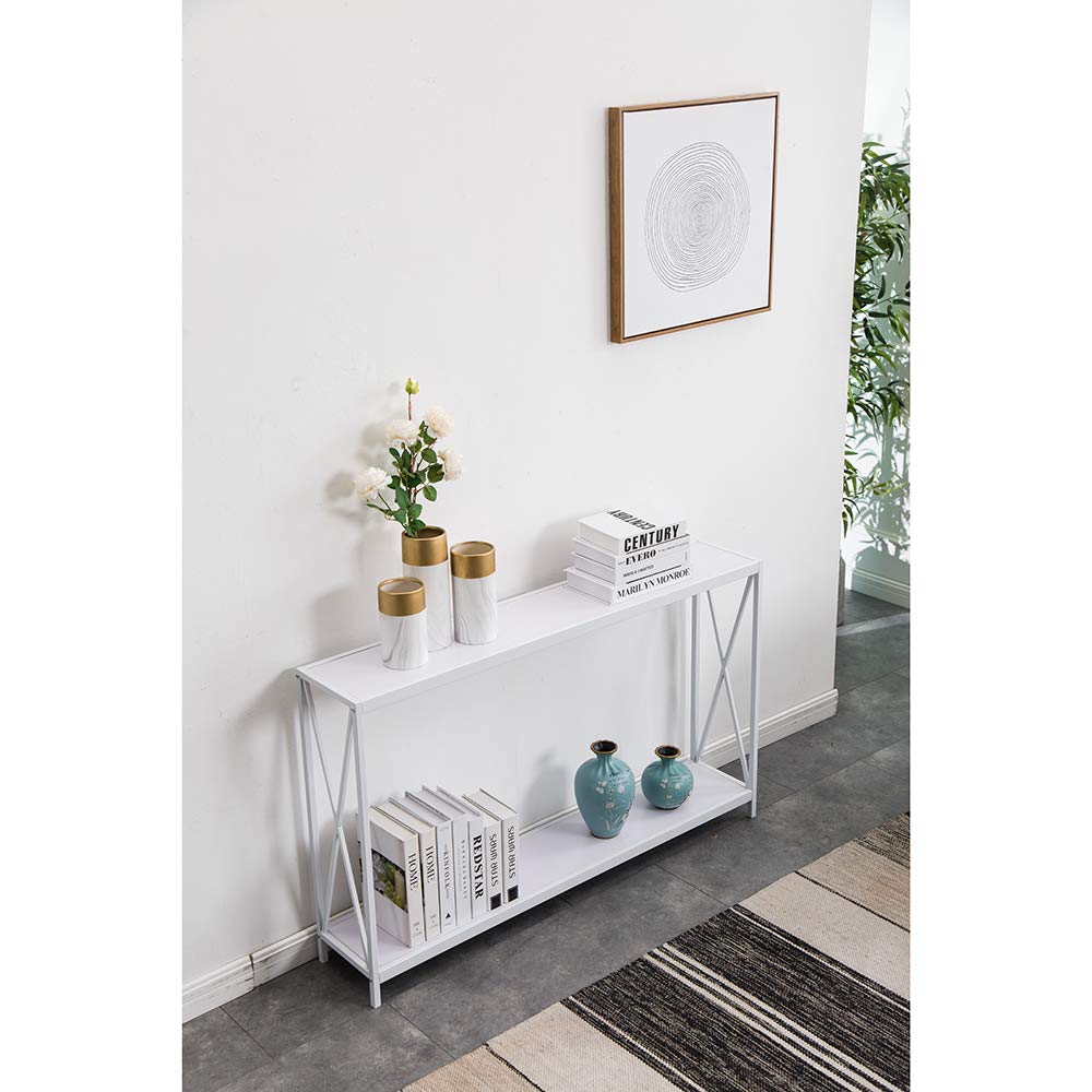 Modern Sofa Table with Storage Shelf - White Wood Grain Console Table for Living Room, Entryway & Foyer - Sturdy Triamine Board & Cross Iron Frame - Perfect as Side Table, Hallway Furniture or Porch Decor