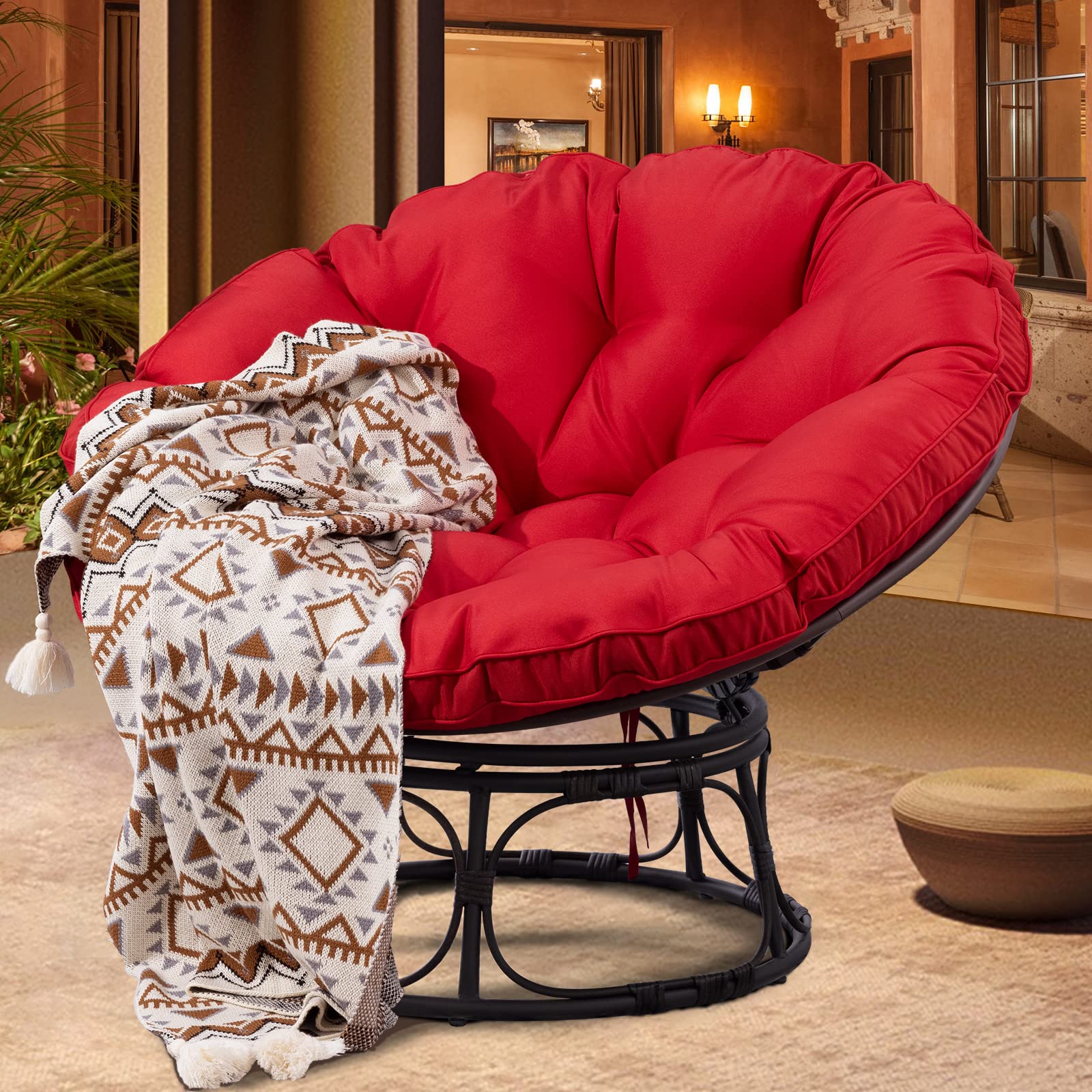 Joyside 46'' Wicker Papasan Chair with Cushion & Frame - Large Round Saucer Lounge Chair for Living Room, Bedroom, or Outdoor Relaxation - Perfect Circle Chair for Reading, Napping, and Lounging in Red