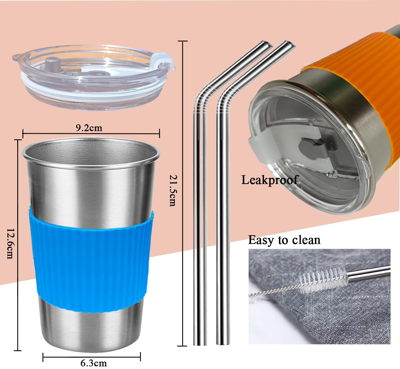 NAVACAL 4 Pack 500ml Stainless Steel Cups with Lids and Straws - Reusable, Leakproof, BPA Free, Unbreakable Metal Tumbler for Coffee, Beer, Smoothies - Perfect for Camping, Travel, Office and Outdoor Activities