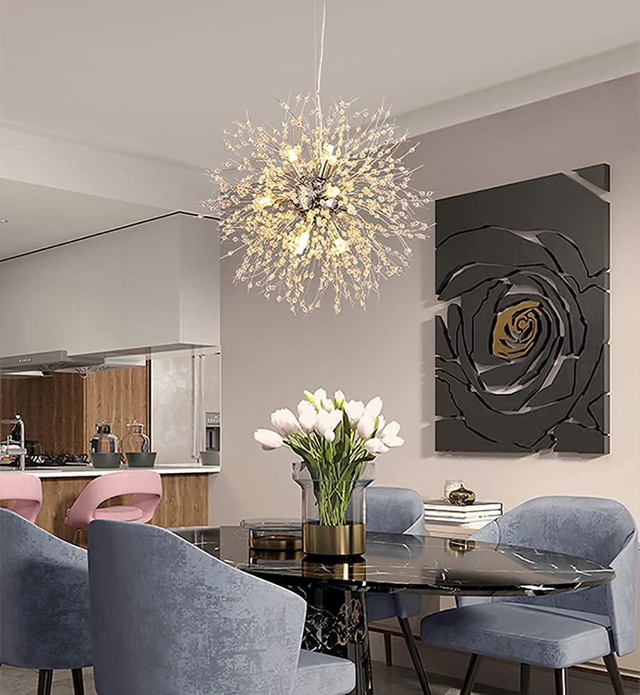 Modern Crystal Chandeliers - 9-Light Chrome Dandelion Firework Pendant Lighting Fixture for Dining Room, Bedroom, Living Room, Restaurant, Kitchen & Hallway | Elegant Ceiling Light for Home Decor & Commercial Spaces