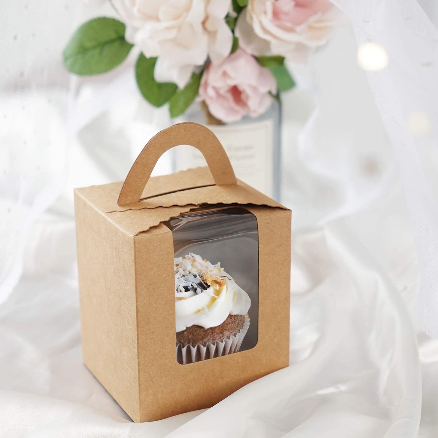 EUSOAR 50 Pack 5oz Muffin Liners & Kraft Cupcake Boxes - Single Cupcake Containers with Lids, Aluminum Foil Baking Cups for Wedding, Birthday Party, Baby Shower - Perfect for Baking, Gift Giving & Dessert Display