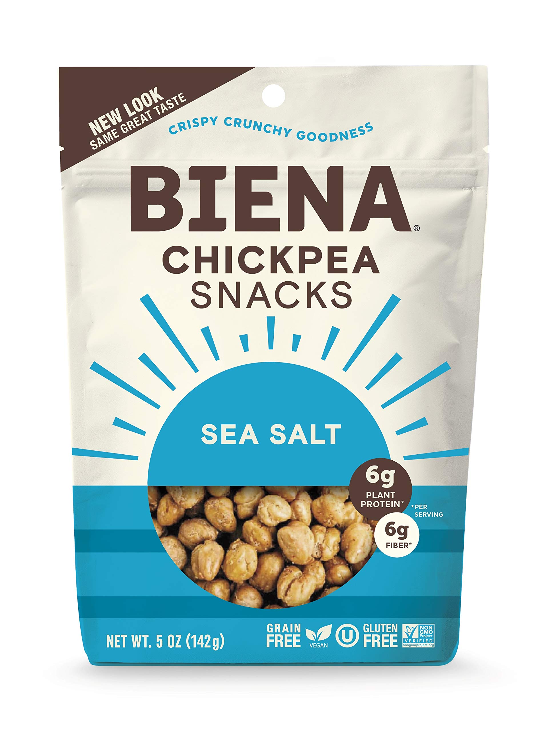 BIENA Chickpea Snacks, Sea Salt - Gluten Free, Vegan, Dairy Free, Plant Based Protein (5 oz Bag) | Healthy Crunchy Snack for Work, School & Travel