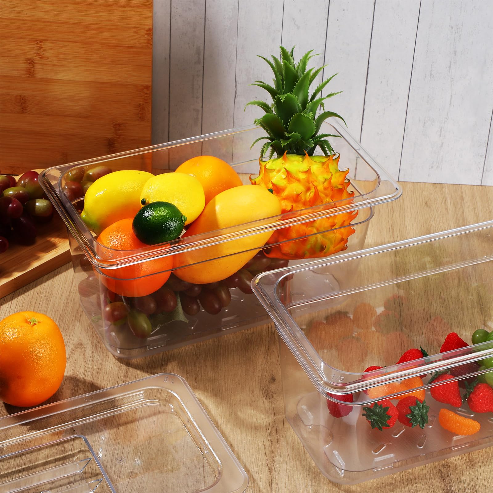 Sunnyray 6-Pack 1/3 Size Clear Polycarbonate Food Storage Containers with Lids & Drain Shelf - 6 Inch Deep Square Kitchen Organizers for Restaurants, Meal Prep, Fruits & Vegetables Storage