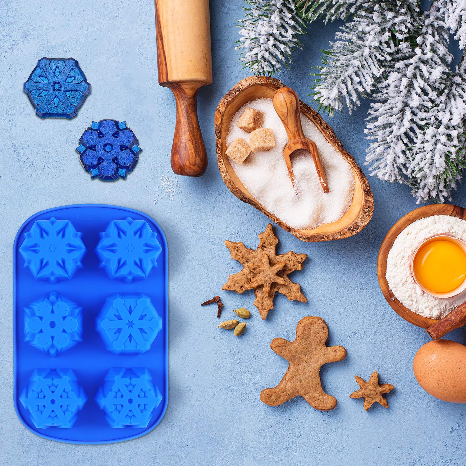 3-Piece Christmas Snowflake Silicone Mold Set - 6 Cavity Blue Snowflake Molds for Baking, Chocolate, Soap, Candles & Candy - Perfect for Holiday Desserts, Cake Decorations & DIY Crafts