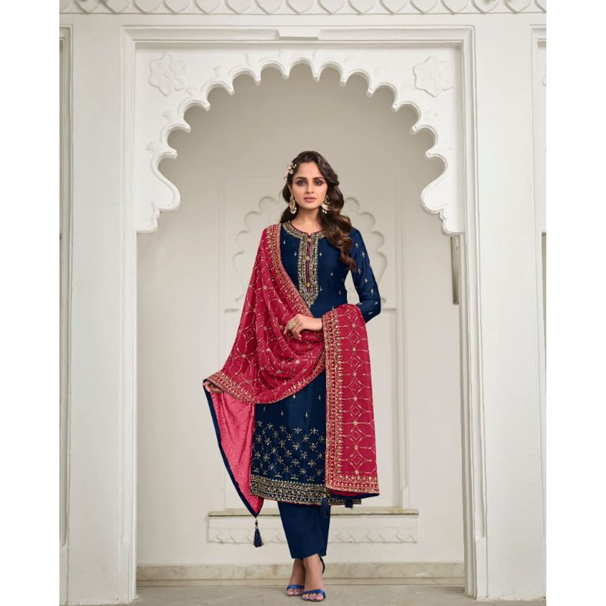 Blue Cotton Printed Salwar Kameez with Plazo Pant - Traditional Indian Dress for Women | Perfect for Festivals, Weddings & Special Occasions