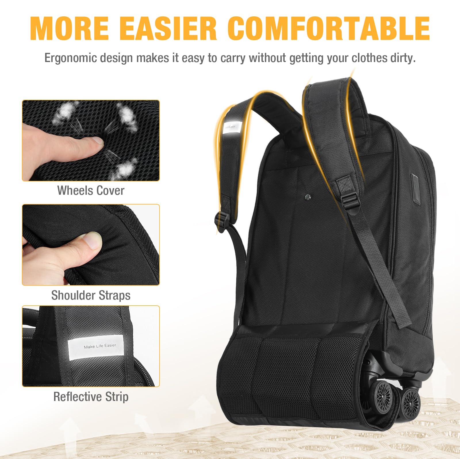 17 Inch Rolling Backpack with 4 Spinner Wheels - Water Resistant Wheeled Laptop Backpack for Travel, College & Work | Carry-On Approved for Overnight Trips | Perfect for Women & Men (Black)