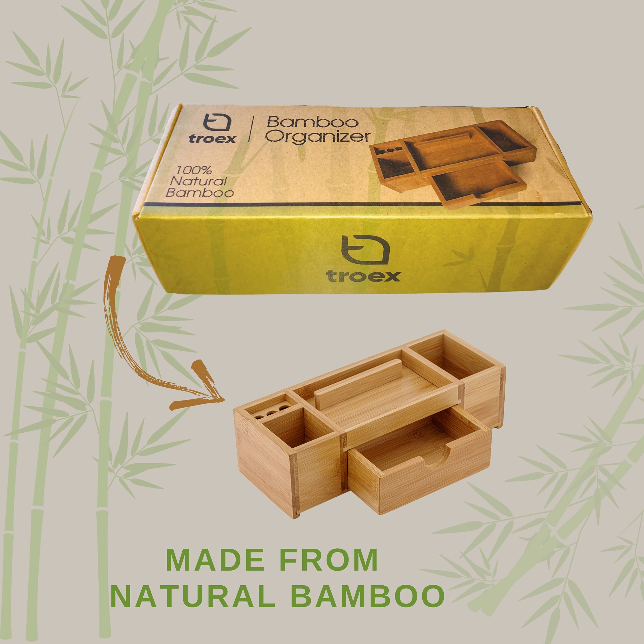 Premium Bamboo Desk Organizer with Drawers & Storage Compartments - Wooden Office Organizer with Pen Holder & Phone Stand - Perfect for Home Office, Study & Workspace Organization