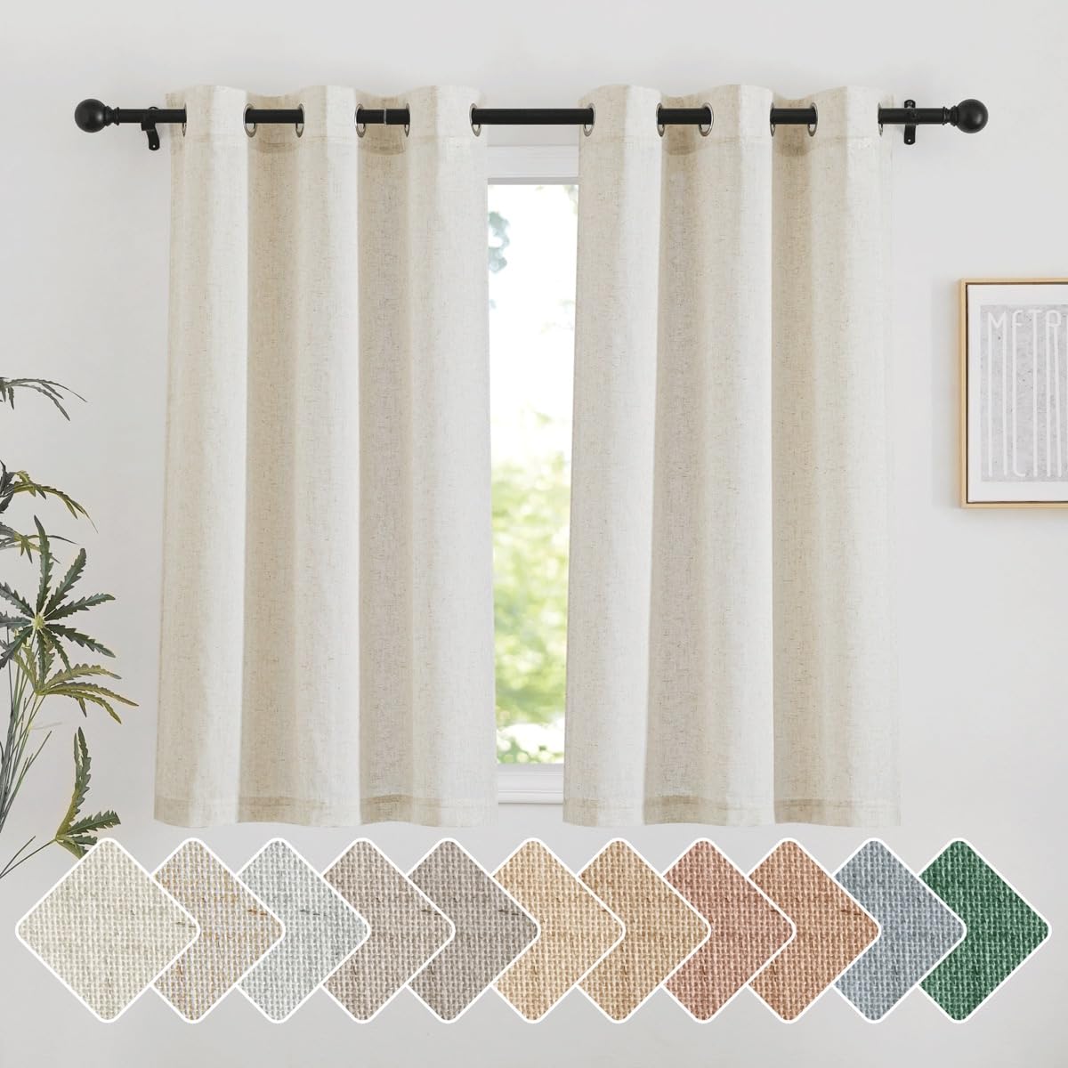 NICETOWN Natural Short Linen Curtains for Kitchen & Bathroom - Thick Flax Semi-Sheer Window Treatments (42