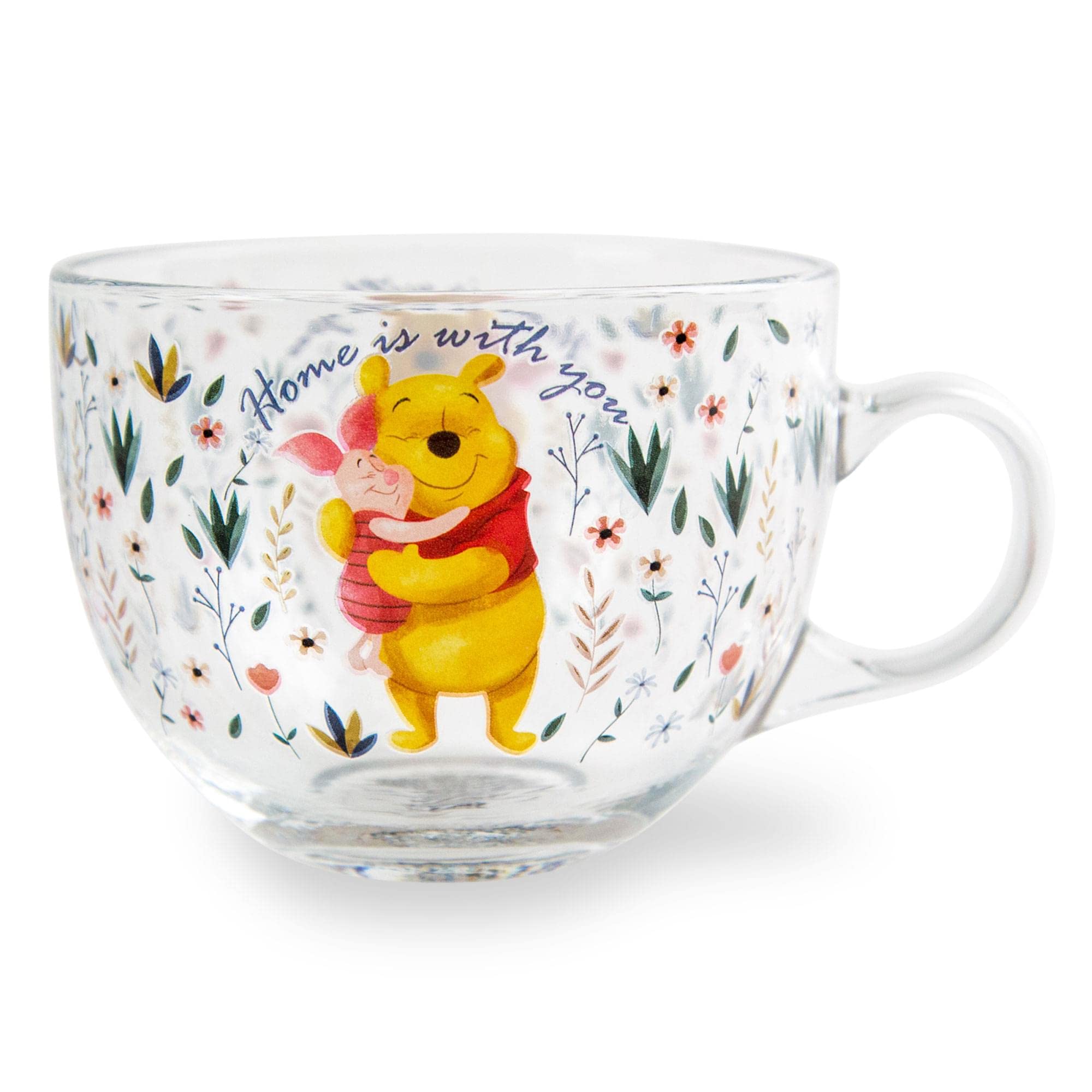 Disney Winnie the Pooh and Piglet Floral Glass Mug - 16oz Large Coffee Cup for Espresso, Tea & Mocha - Perfect for Home, Office or Gift Giving