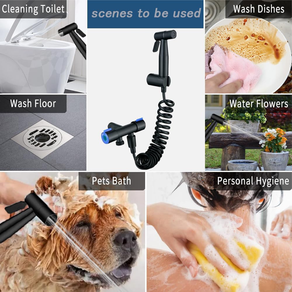 Premium 304 Stainless Steel Bidet Sprayer Kit with Dual Outlet Angle Valve - High Pressure Handheld Shower for Toilet Cleaning & Hygiene | No Electricity Needed | Perfect for Bathroom, RV & Portable Toilet Use (Black)