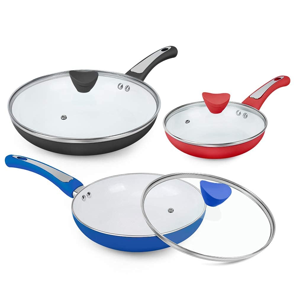 SHINEURI 6-Piece Ceramic Nonstick Cookware Set with Glass Lids - 8/9.5/11 Inch Frying Pans & Skillets for Healthy Cooking | Oven & Dishwasher Safe | Perfect for Sauteing, Frying & Serving Breakfast, Lunch & Dinner