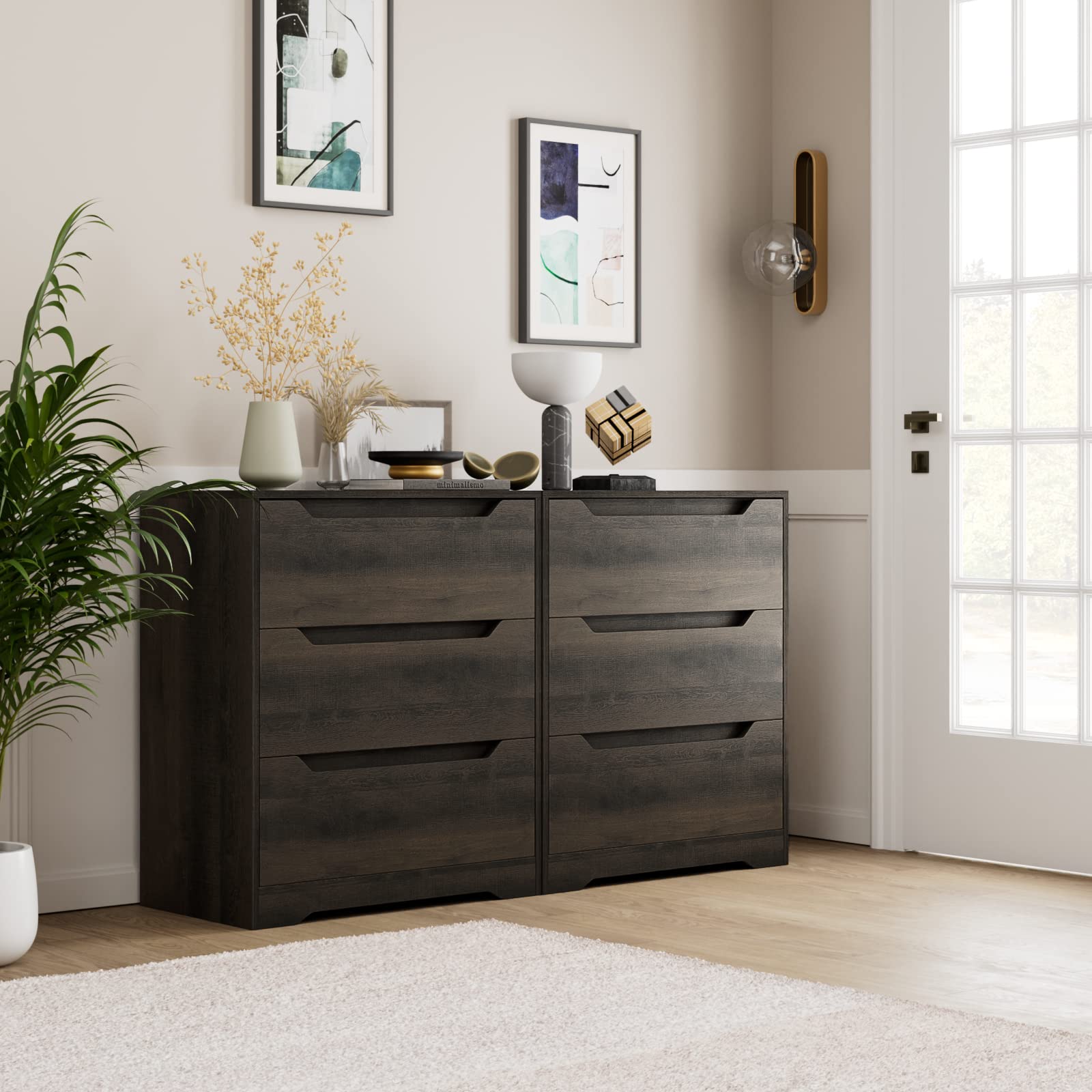 HOSTACK Modern 3-Drawer Wood Dresser with Storage - Tall Nightstand with Cut-Out Handles, Accent Cabinet for Bedroom, Living Room & Entryway - Dark Brown Chest of Drawers for Home Organization & Decor