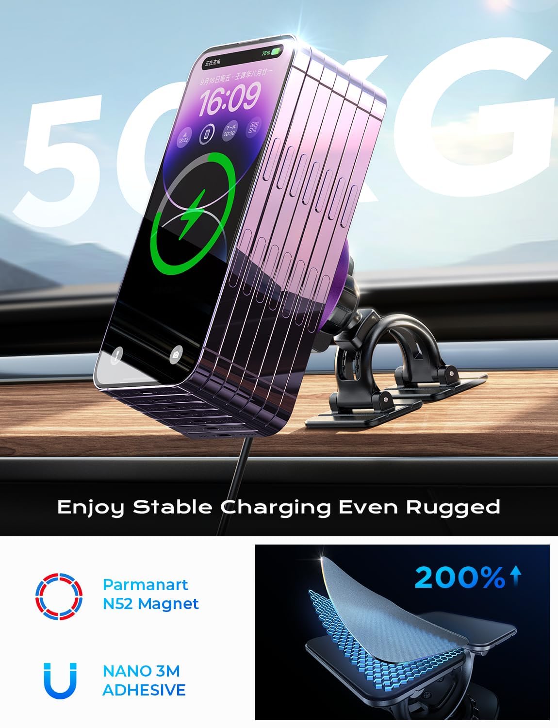 LISEN 15W MagSafe Car Mount Charger - Universal Magnetic Wireless Car Charger for iPhone 16 Pro Max/16/15/14/13/12 - Fast Charging Phone Holder with Strong Magnet - Perfect for Driving & Road Trips (Purple)