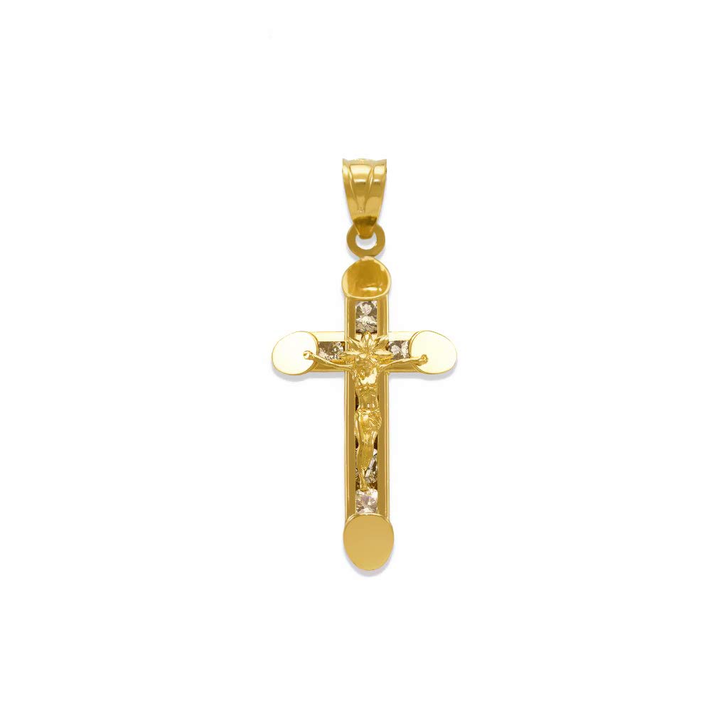 14K Gold Jesus Cross Pendant Necklace with White CZ Stones - Elegant Catholic Christian Religious Jewelry for Women & Men (32mm, 39mm, 52mm, 67mm Sizes) - Perfect Gift for Baptism, Confirmation, Christmas & Daily Faith Wear