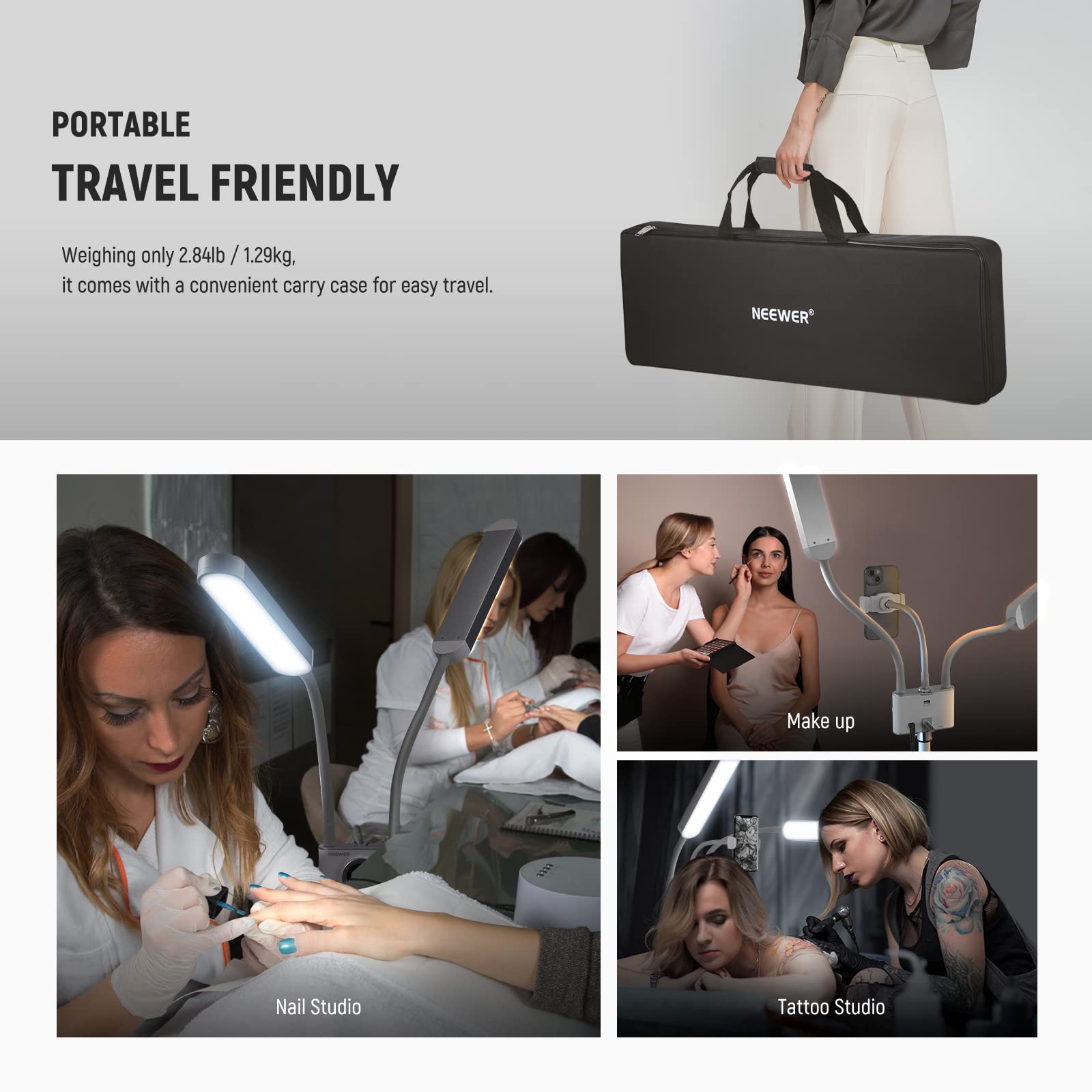 Professional NEEWER Esthetician LED Light with Phone Holder & Travel Bag - 2.4G/PC/MAC Control, Dual Independent CRI98+ Bi-Color Dimmable Heads for Tattoo, Lash Extensions & Beauty Treatments - Perfect for Salon, Spa & Mobile Beauty Professionals (Model BH40B)