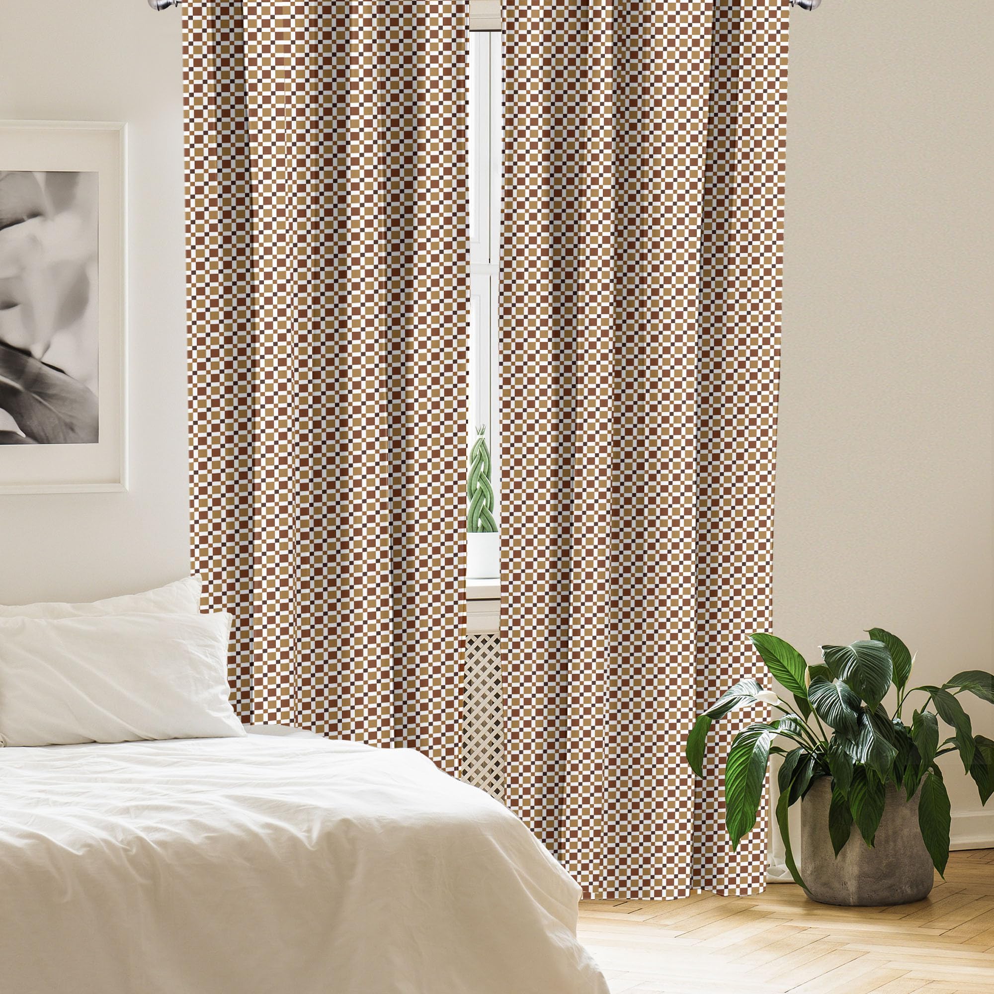 Ambesonne Earth Tone Window Curtains - Brown Tile Mosaic Print Lightweight 2-Panel Set with Rod Pocket, 28