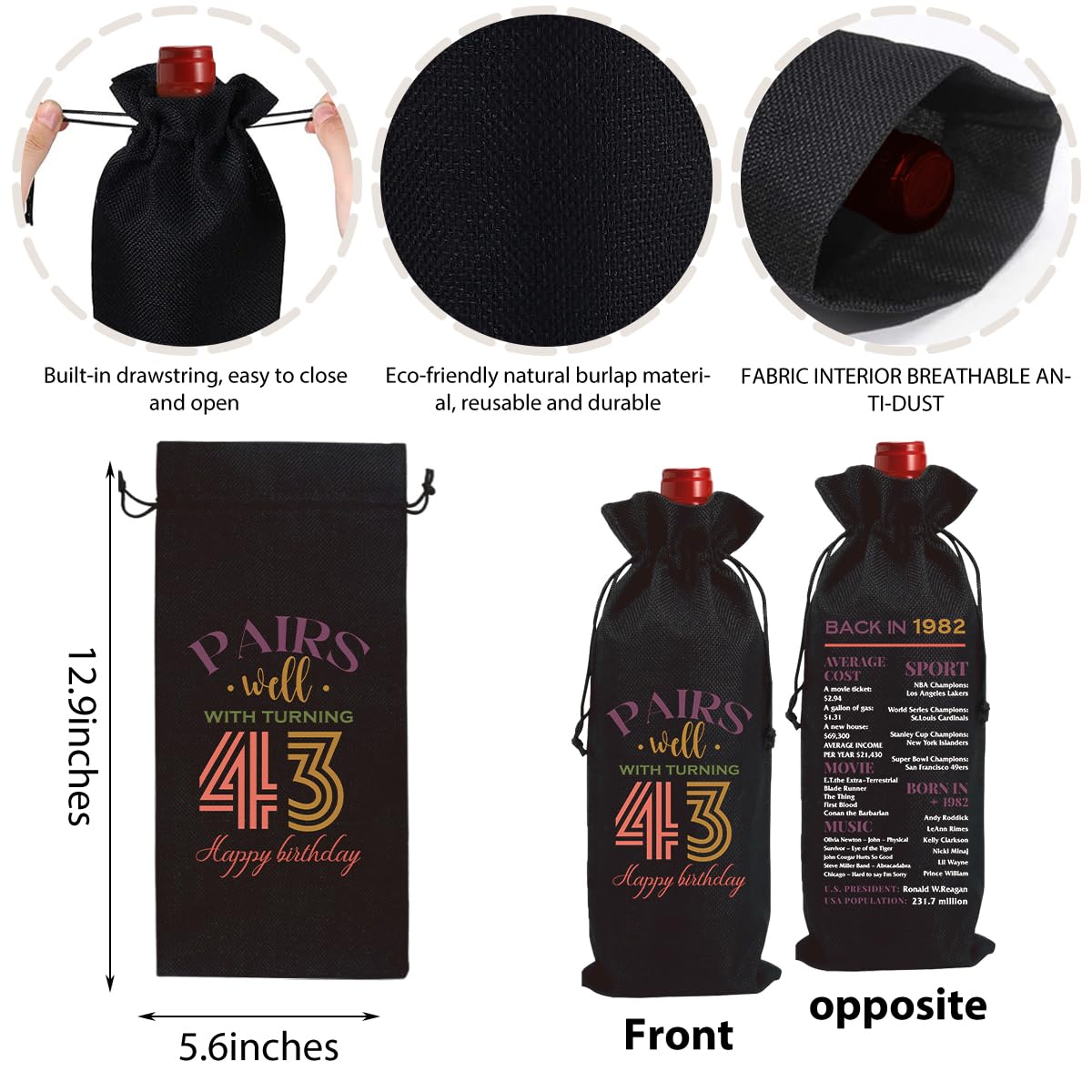 Funny 43rd Birthday Wine Gift Bag for Women & Men - 43 Year Old Birthday Present, Anniversary Party Decor - Born in 1982 Black Wine Bottle Bag (2025) - Perfect for Birthday Celebrations, Wine Lovers & 1982 Nostalgic Gifts