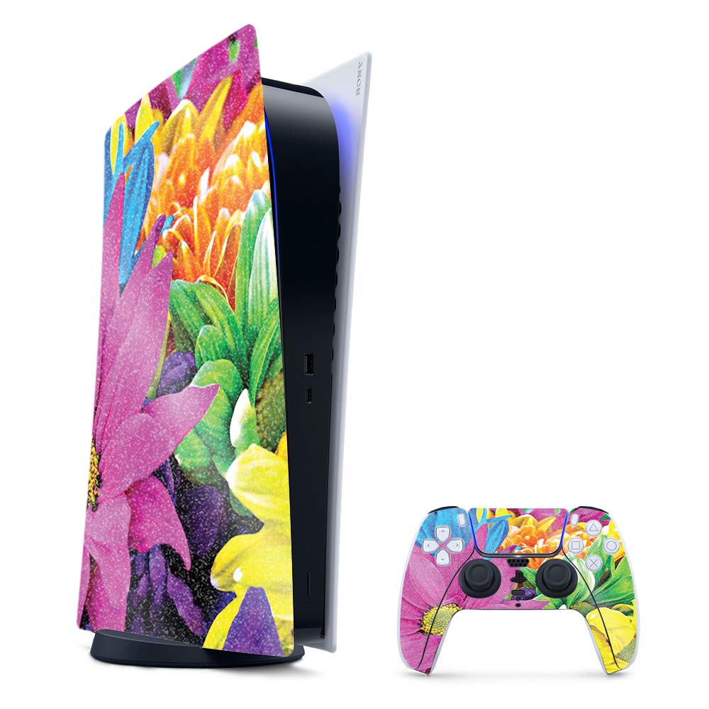 Glossy Glitter PS5 Skin - Colorful Flowers Design | Gaming & Decor