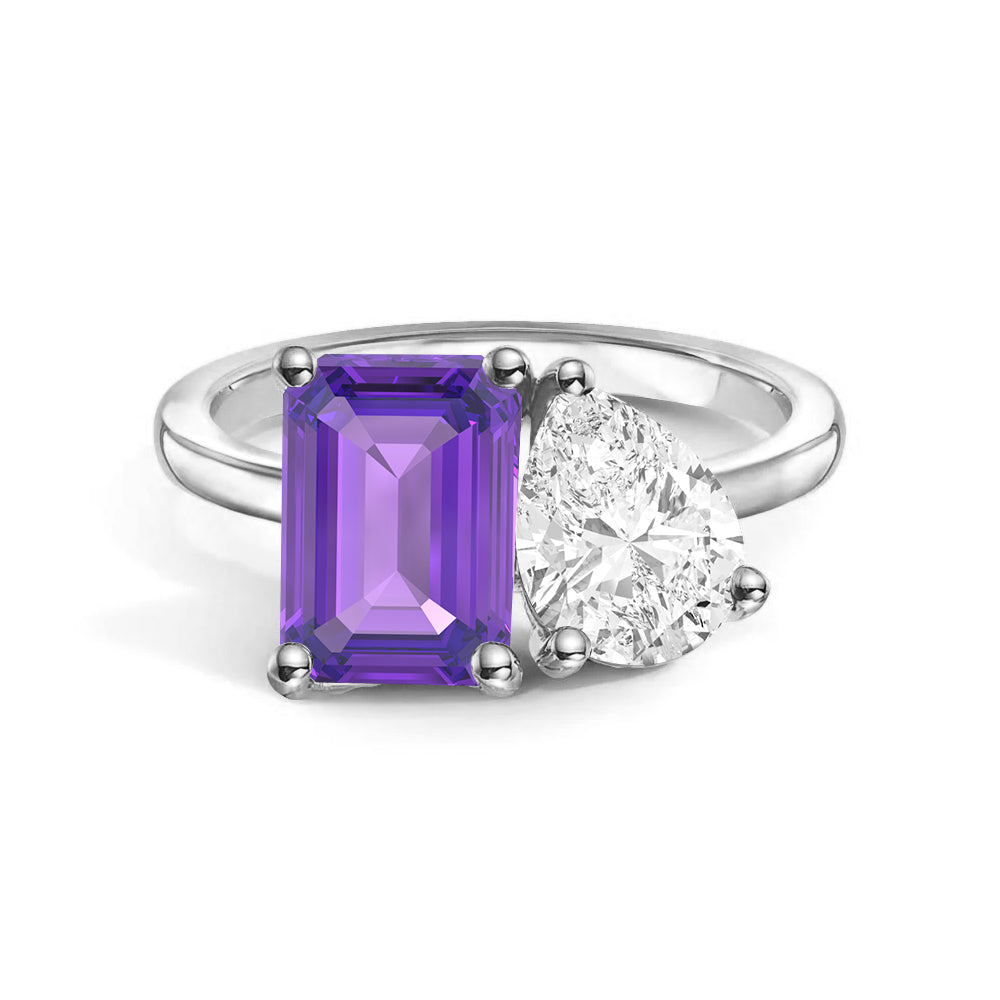 Personalized Toi et Moi Amethyst Birthstone Ring - Custom Anniversary Jewelry for Couples, Gift for Her, Romantic Proposal & Wedding Band
