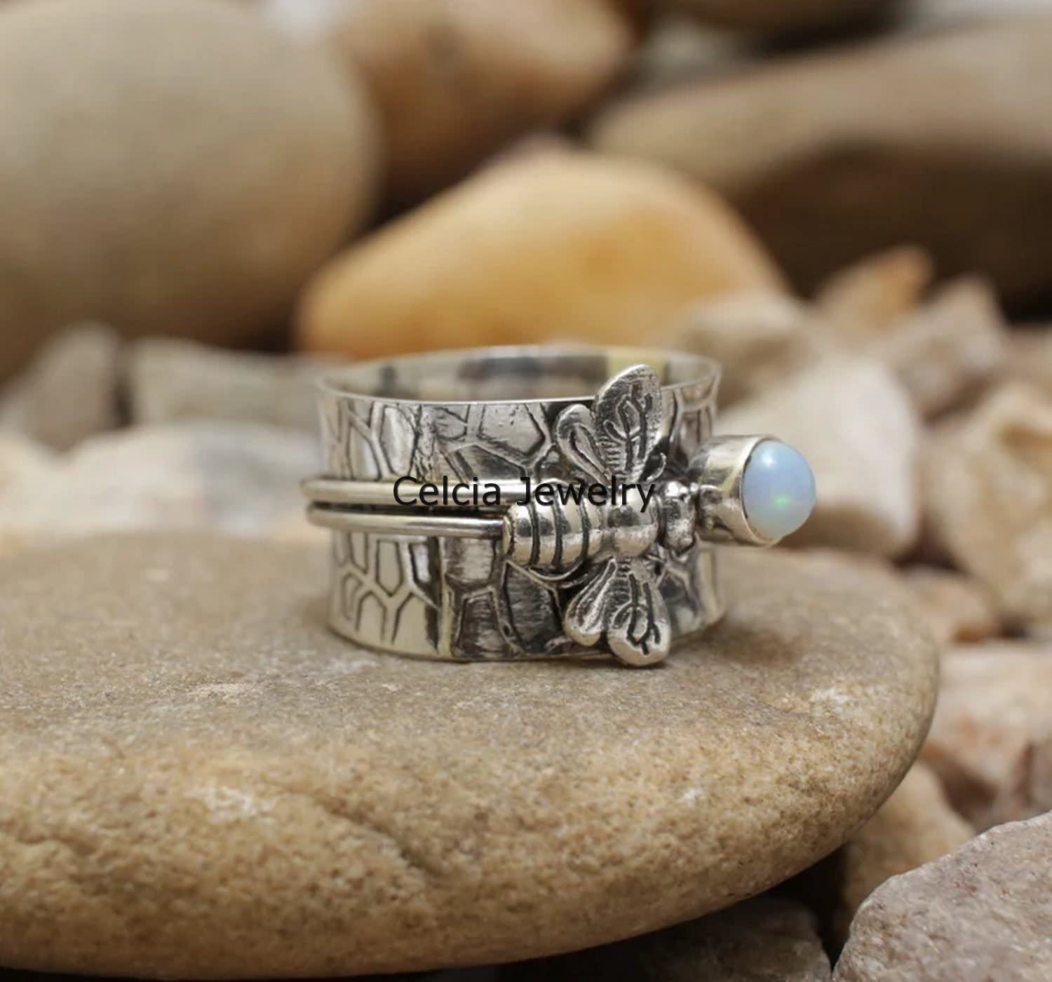 Opal Gemstone Spinner Bee Ring – Handcrafted Spinning Meditation & Anxiety Relief Fidget Ring – October Birthstone Jewelry Gift for Women (US Size 8.5) – Perfect for Stress Relief, Mindfulness Practice & Stylish Everyday Wear