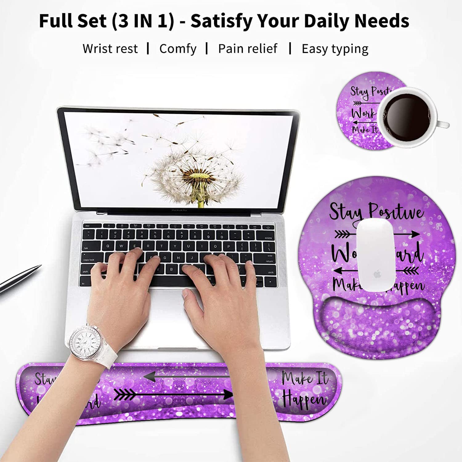 Ergonomic Keyboard Wrist Rest and Mouse Pad Set with Support - Purple Glitter Design for Pain Relief & Comfort | Perfect for Office Work, Gaming, and Long Computer Sessions