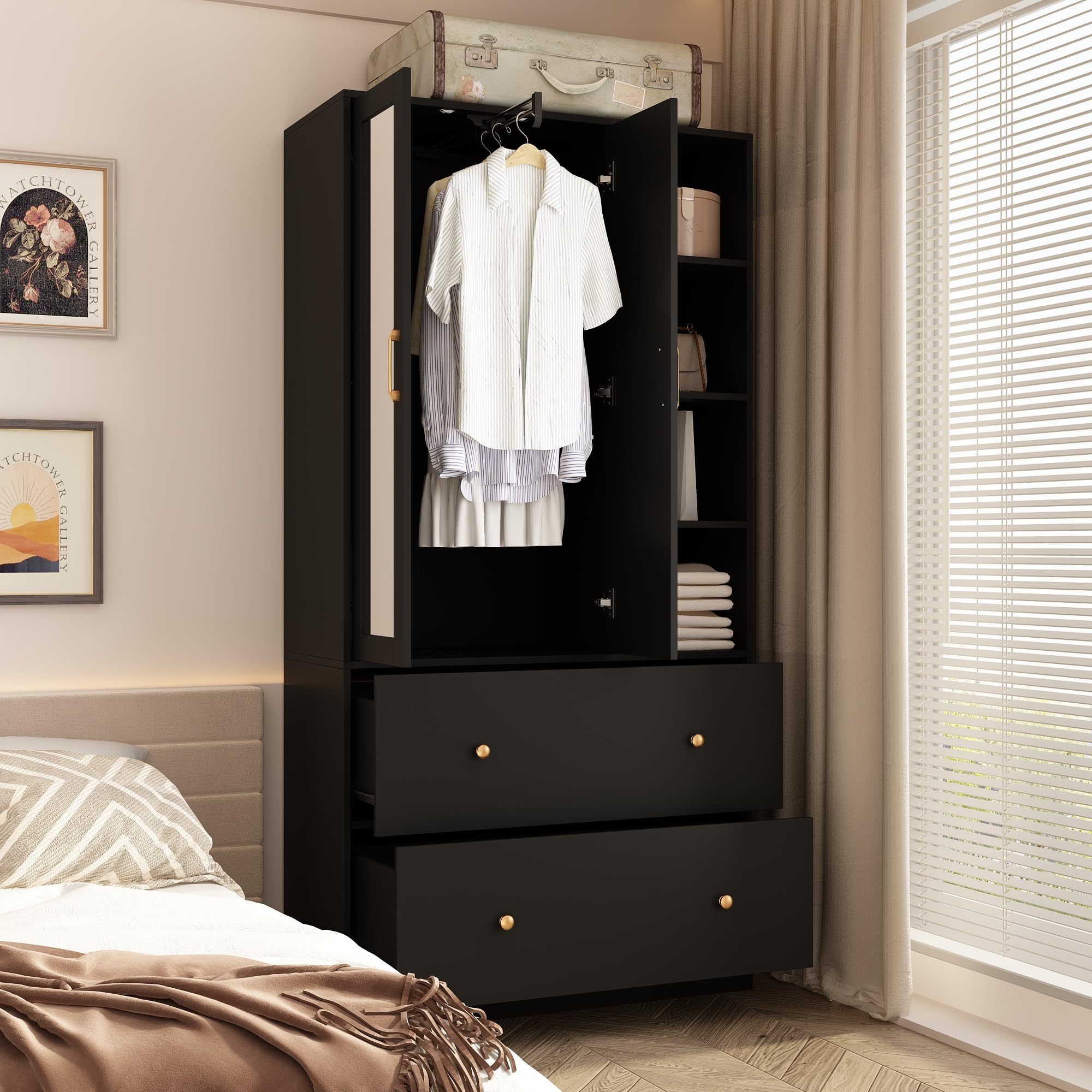 Hitow 2 Door Wooden Wardrobe Armoire with Mirror - 35.5