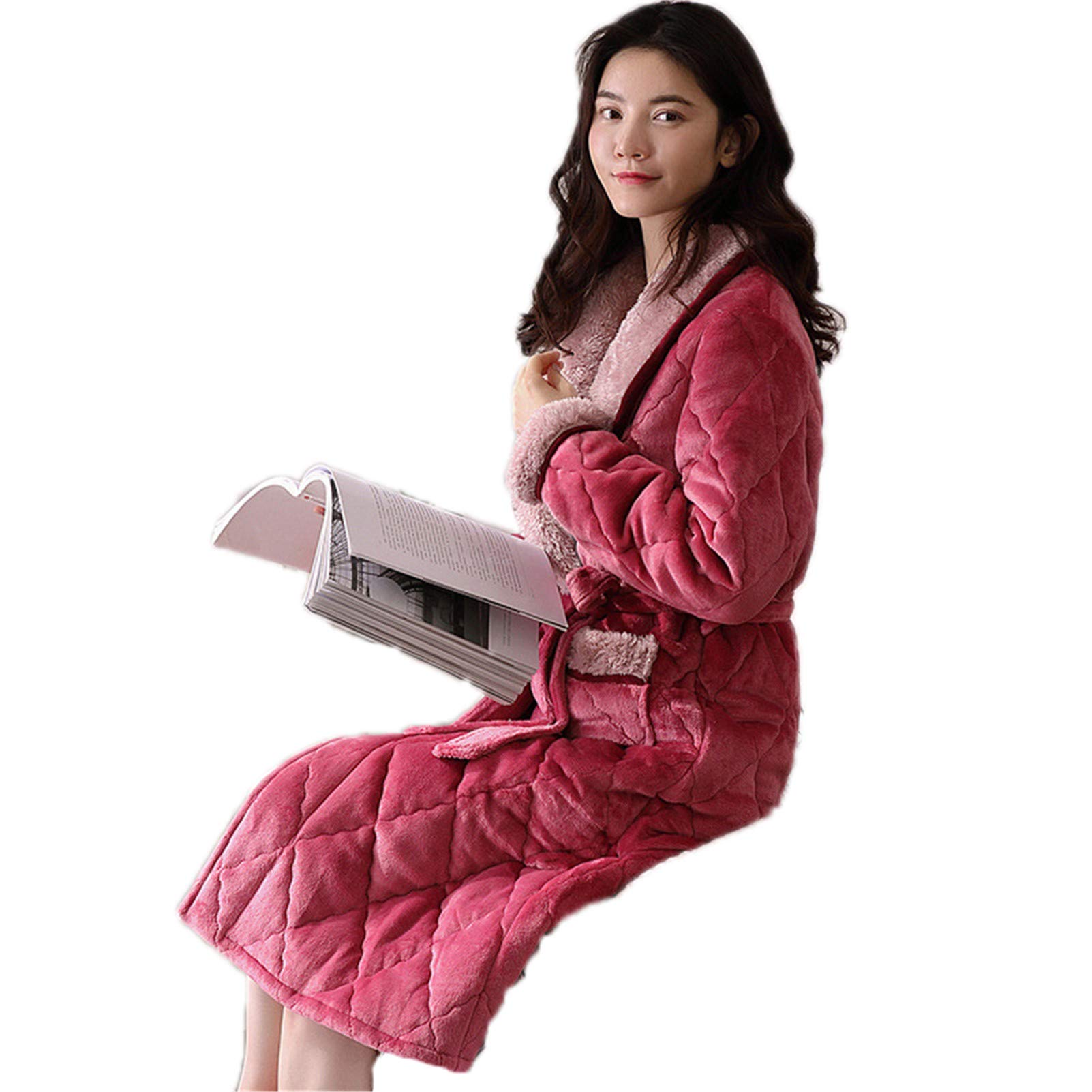 Women's Winter Flannel Bathrobe - Thick Warm Fleece Lined Robe with Three-Layer Design for Cozy Home & Spa Relaxation
