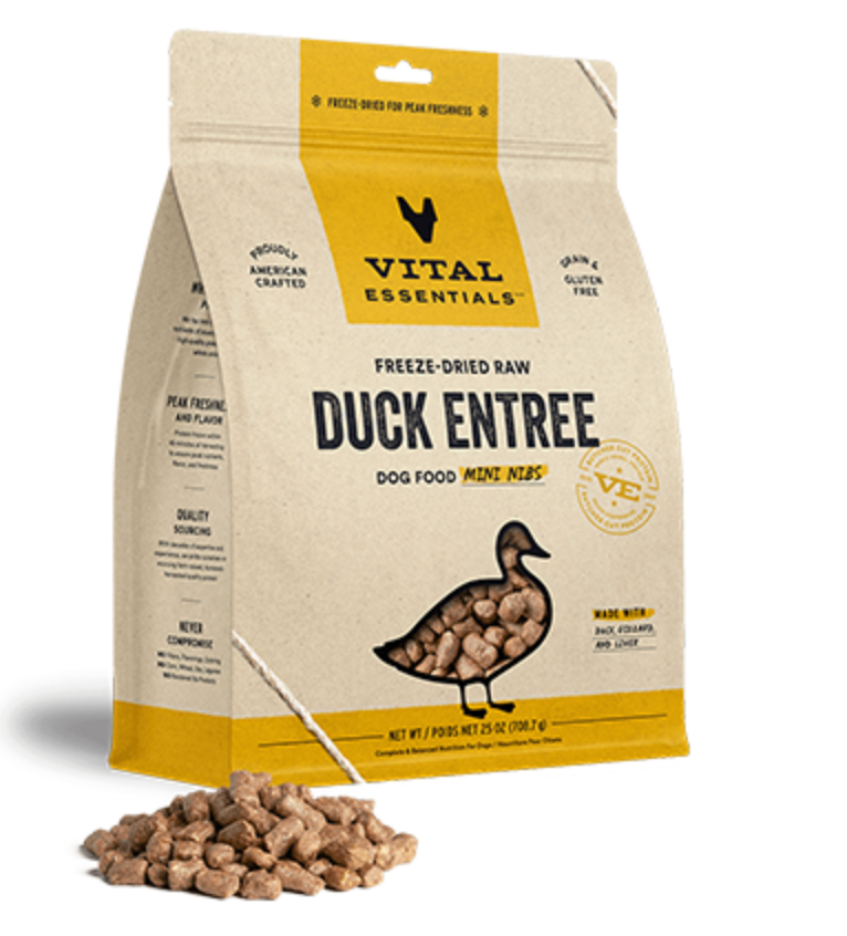 Vital Essentials Freeze-Dried Raw Duck Entree Mini Nibs Grain-Free Dog Food - High Protein Natural Treats for Small & Medium Dogs, Perfect for Training & Travel Snacks