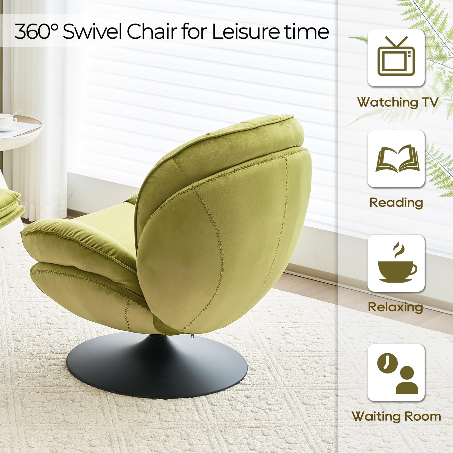 Velvet Swivel Accent Chair with Ottoman Set - Modern Tufted Armchair with Footrest for Living Room, Bedroom & Office - 360-Degree Swivel Reading TV Chair for Adults - Olive Green Chaise Lounge - Perfect for Relaxing, Entertaining & Small Spaces