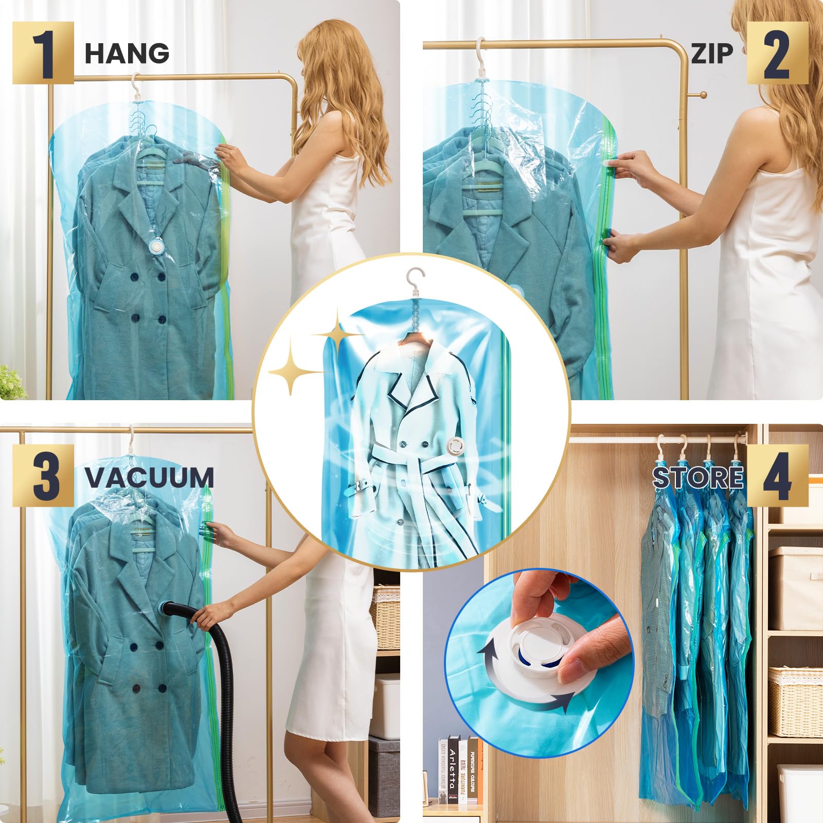Vacuum Storage Bags for Clothes - 6 Pack (3 Long + 3 Short) Space Saver Compression Bags for Suits, Jackets & Seasonal Clothing | Closet Organizer & Travel Storage | Blue
