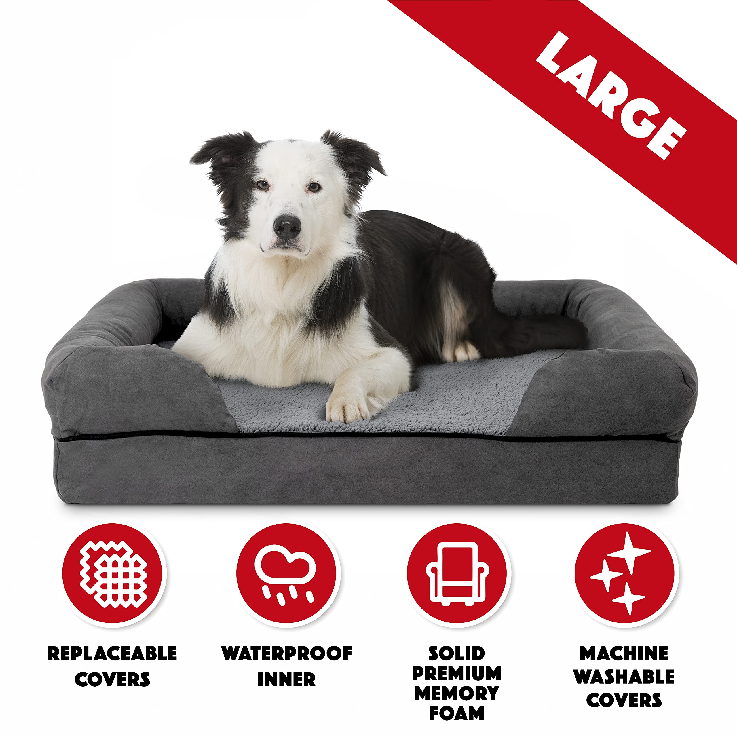 **Large Grey Plush Memory Foam Dog Bed for Arthritis & Joint Pain Relief - Orthopedic Support for Hip Dysplasia, Post-Surgery Recovery & Lameness - Waterproof Washable Cover - Vet Approved for Calming Comfort (Perfect for Senior Dogs & Post-Surgical Care)**