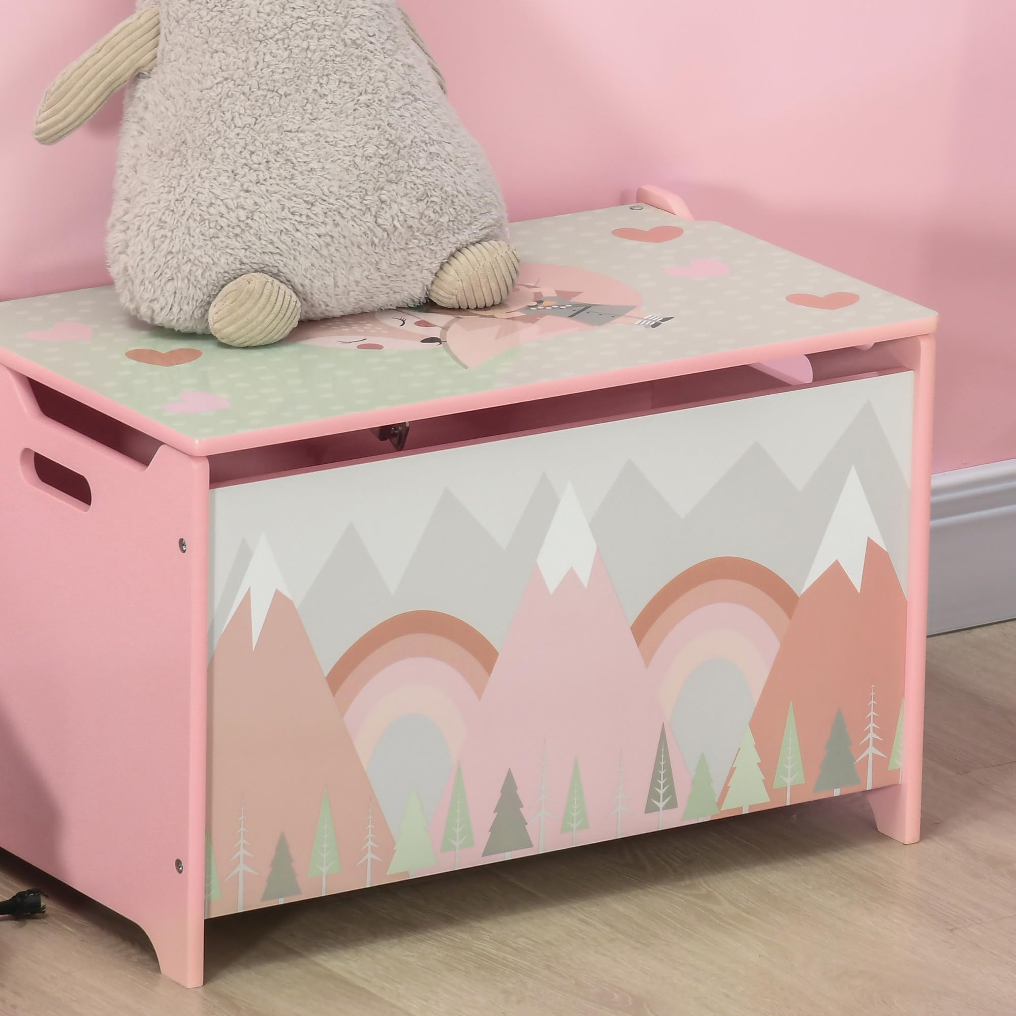 Qaba Pink Toy Box with Lid - Kids Toy Storage Organizer for Bedroom & Playroom - Safety Hinge Toy Chest for Girls & Boys - Perfect for Storing Stuffed Animals, Books & Toys