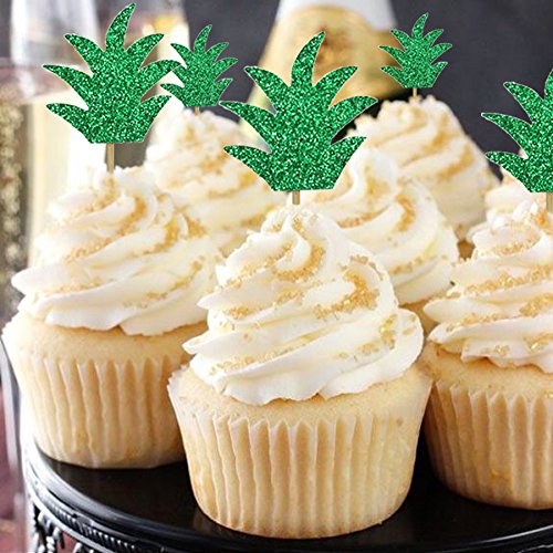 Pineapple Donut Cupcake Toppers - Glitter Green Cake Picks for Hawaiian Luau, Tropical Party, Bridal & Baby Shower, Birthday, Wedding, Summer Theme Decorations - Perfect for Dessert Tables, DIY Baking, and Themed Celebrations