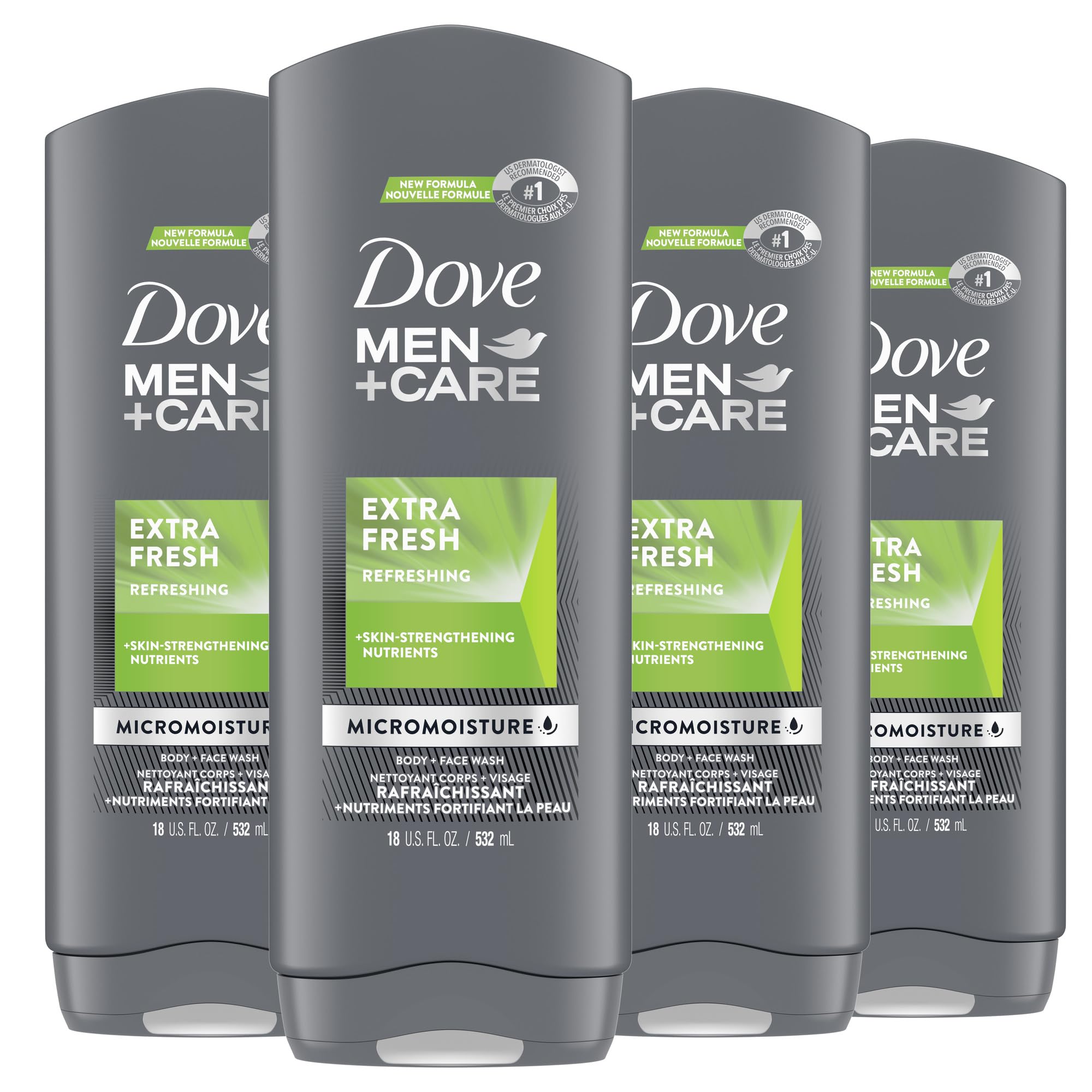 DOVE MEN + CARE Men's Body Wash - Blue Eucalyptus & Birch Scent (Pack of 4) | 18 Fl Oz Each | Deep Cleansing & Skin Nourishment | Effectively Removes Bacteria | Refreshing Shower Gel for Daily Skincare Routine | Perfect for Gym, Workout & Post-Shave Use