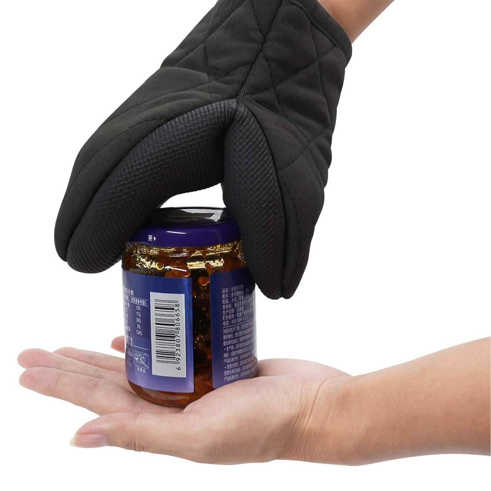 Heat Resistant Mini Oven Mitts Set of 2 - 300°F Neoprene Cotton Kitchen Gloves with Non-Slip Grip & Hanging Loop - 7x6 Inch Pot Holder & Trivet for Baking, Cooking, Grilling - Grey & Black