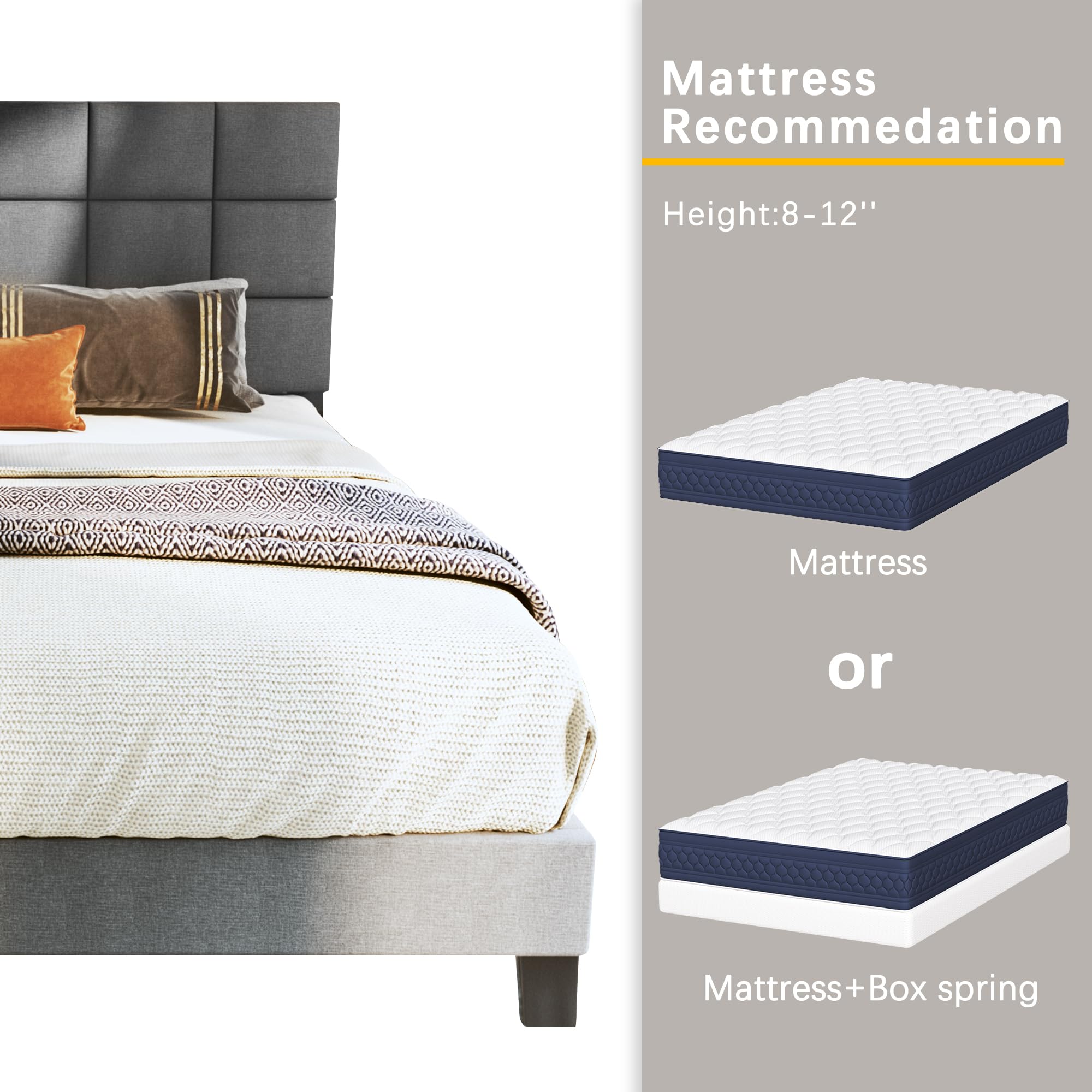 Queen Size Upholstered Platform Bed Frame with Adjustable Headboard - Linen Fabric, Tufted Design & Wooden Slats Support - No Box Spring Needed - Easy Assembly Mattress Foundation in Dark Grey - Perfect for Modern Bedrooms & Guest Rooms