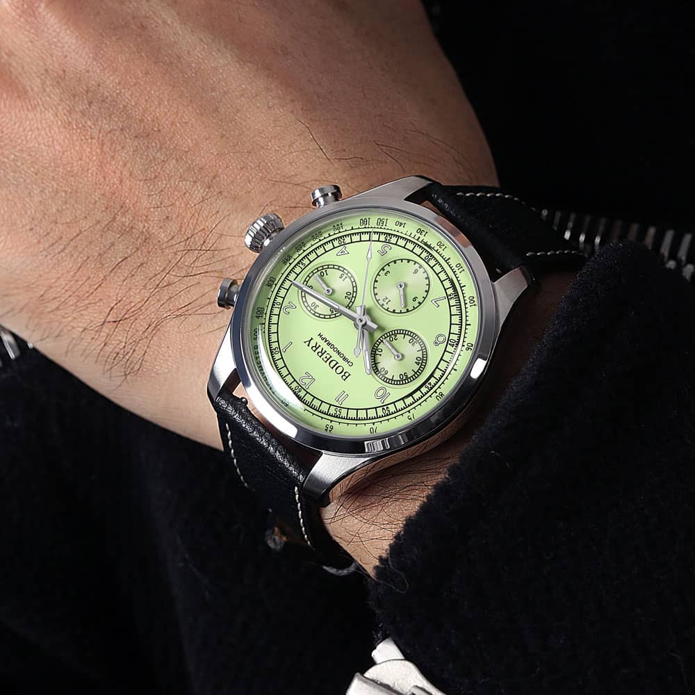 Men's ASYMMETRY Mechanical Chronograph Watch with Domed Sapphire Crystal - Waterproof Avocado Green Dial for Business & Casual Wear