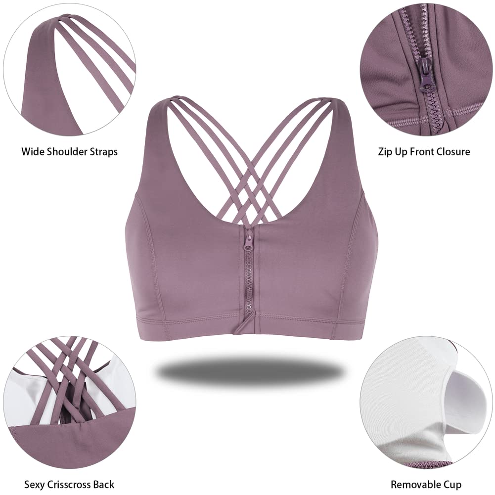 Coastal Rose Women's Zip Front Sports Bra - Criss Cross Yoga Workout Top for Running, Gym & Fitness Training | Breathable Support for High-Intensity Exercise