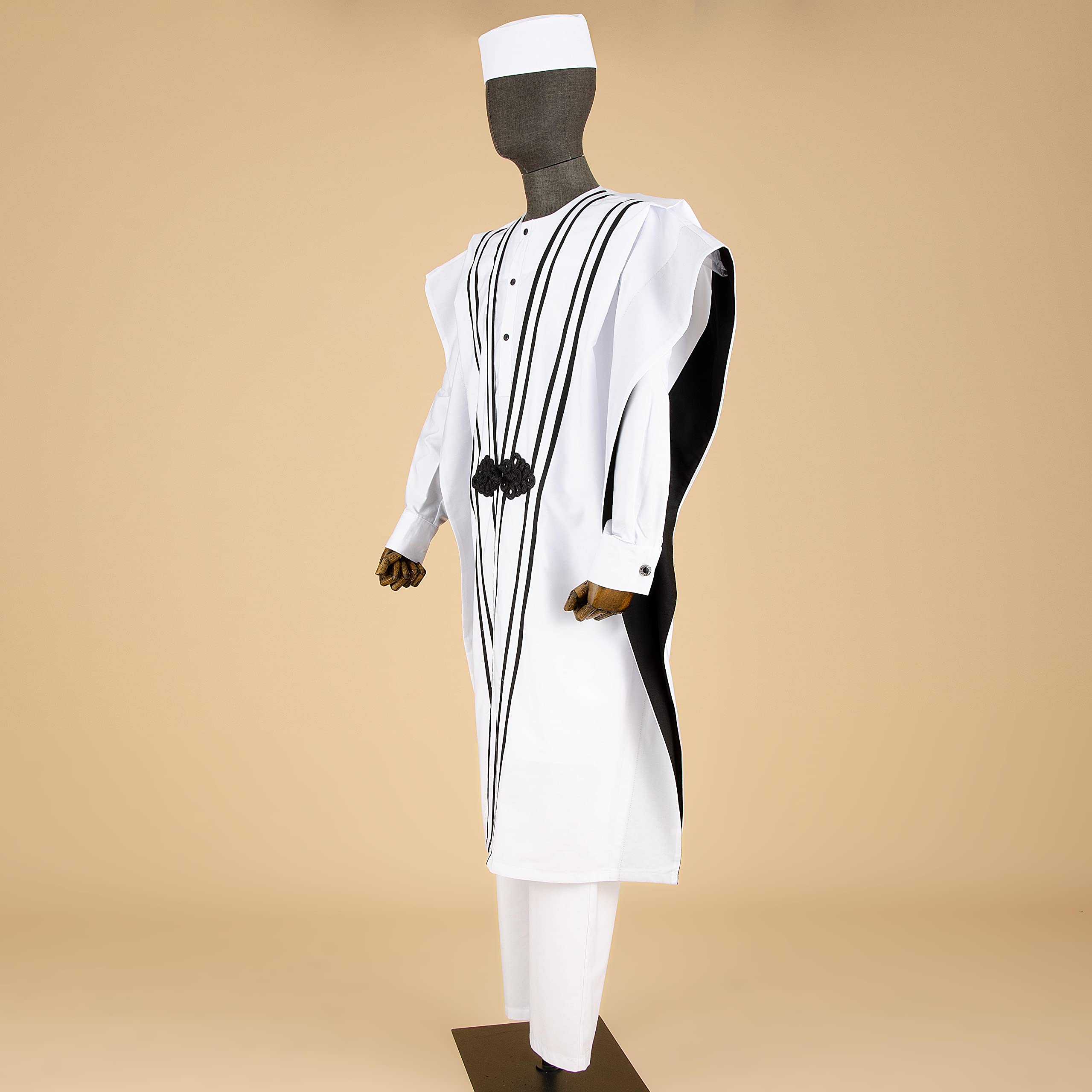 African Men's Agbada Robe & Dashiki Shirt Set with Ankara Pants & Tribal Hat - 4 Piece Traditional Wedding & Evening Outfit for Special Occasions