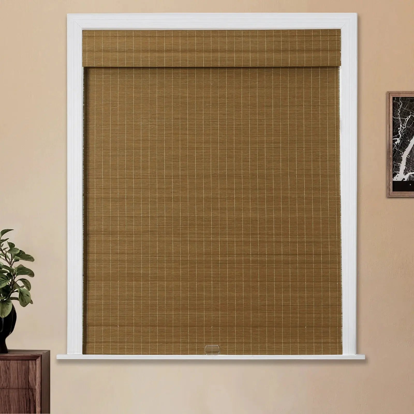 Sybil Bamboo Roman Shade in Cinnamon - Natural Wood Window Treatment for Living Room & Bedroom - Light Filtering & Privacy